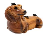 A Timmy Woods Hand Carved Brown Wood Dachshund Handbag, 5.5" L x 11" W x 4.5" D; Strap drop: 24".