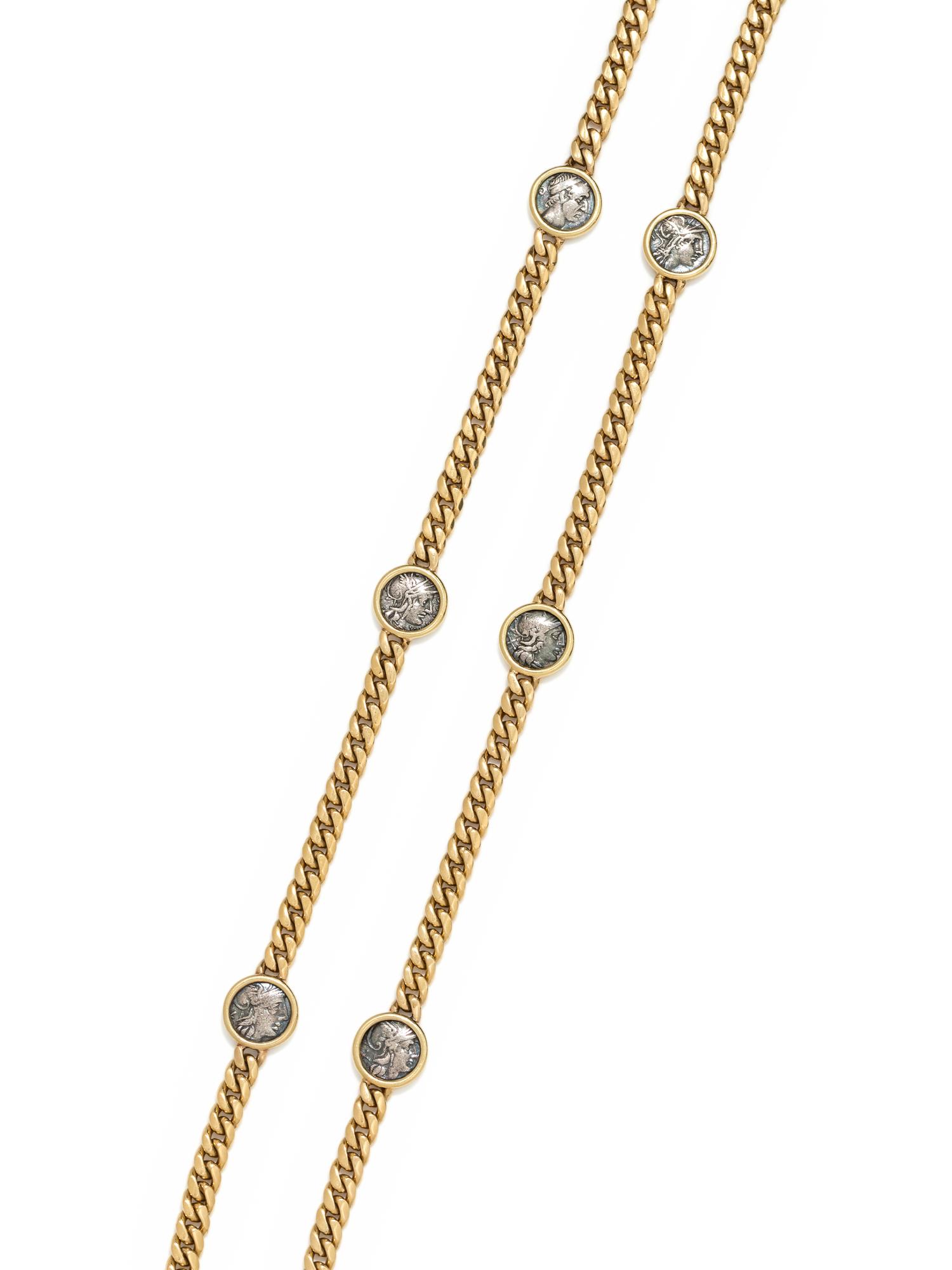 BVLGARI, YELLOW GOLD AND ANCIENT ROMAN COIN LONGCHAIN NECKLACE