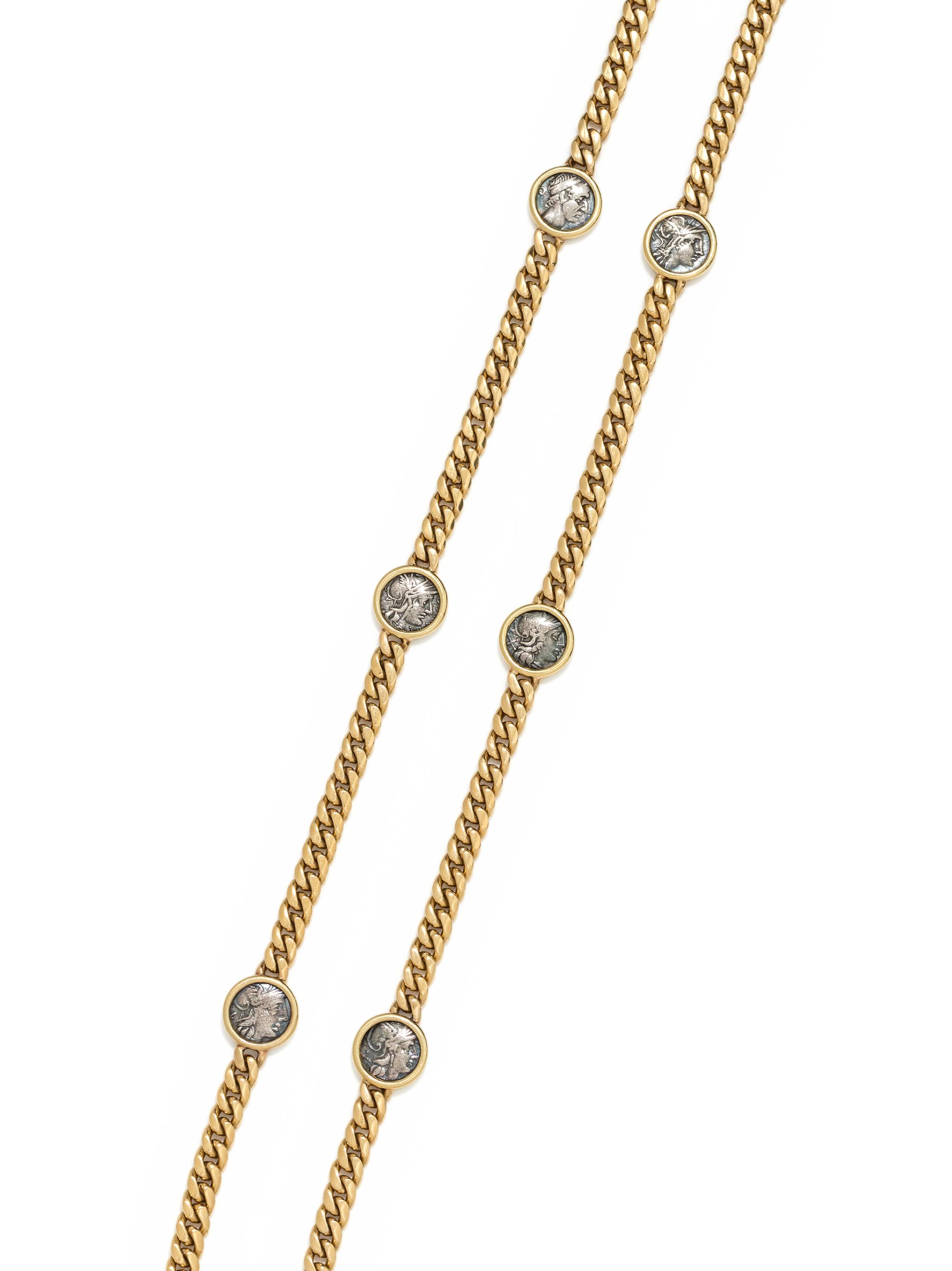 BVLGARI, YELLOW GOLD AND ANCIENT ROMAN COIN LONGCHAIN NECKLACE