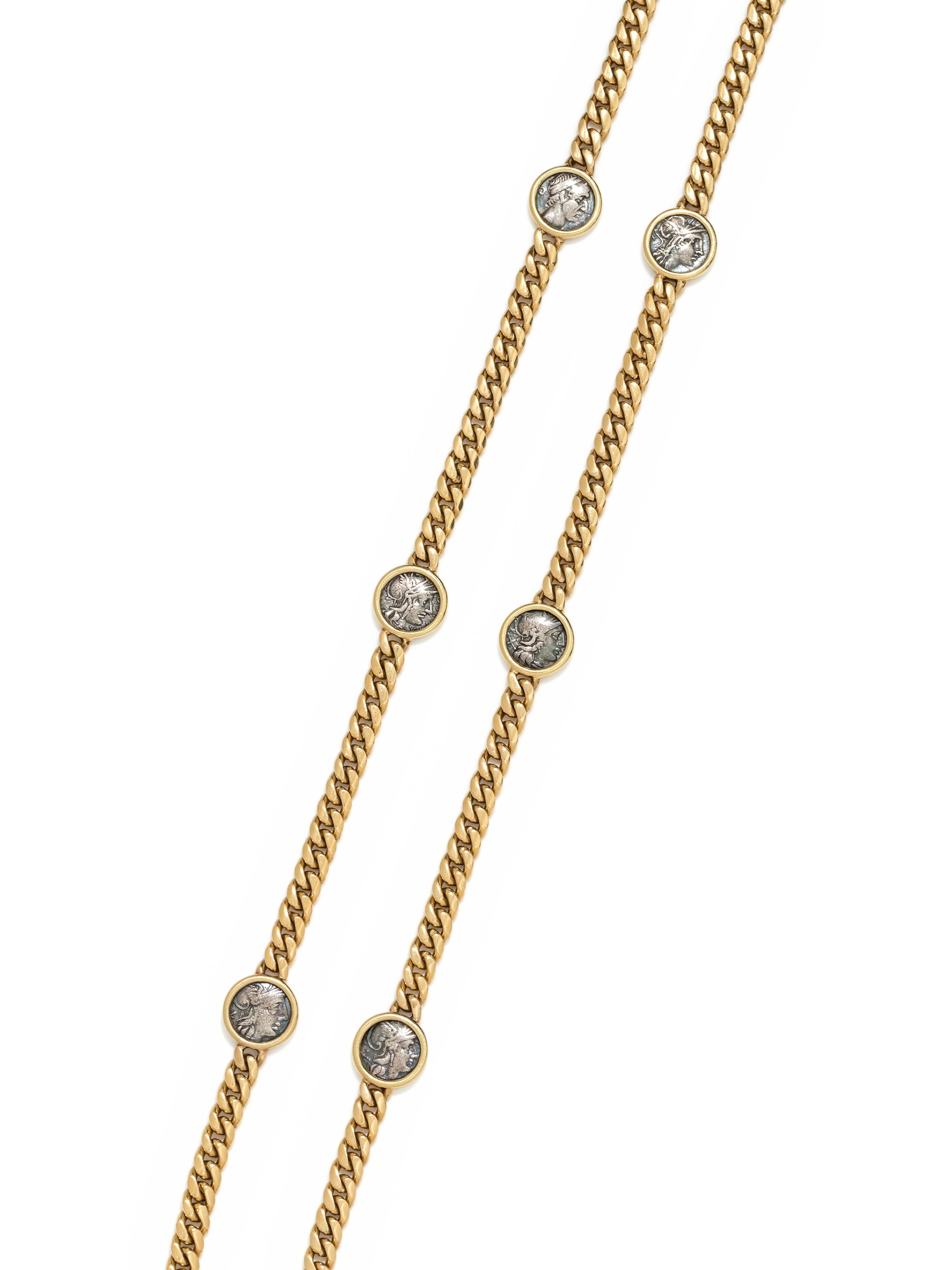 BVLGARI, YELLOW GOLD AND ANCIENT ROMAN COIN LONGCHAIN NECKLACE
