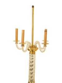 A Pair of Polished Brass and Pressed Glass Four-Light Table Lamps