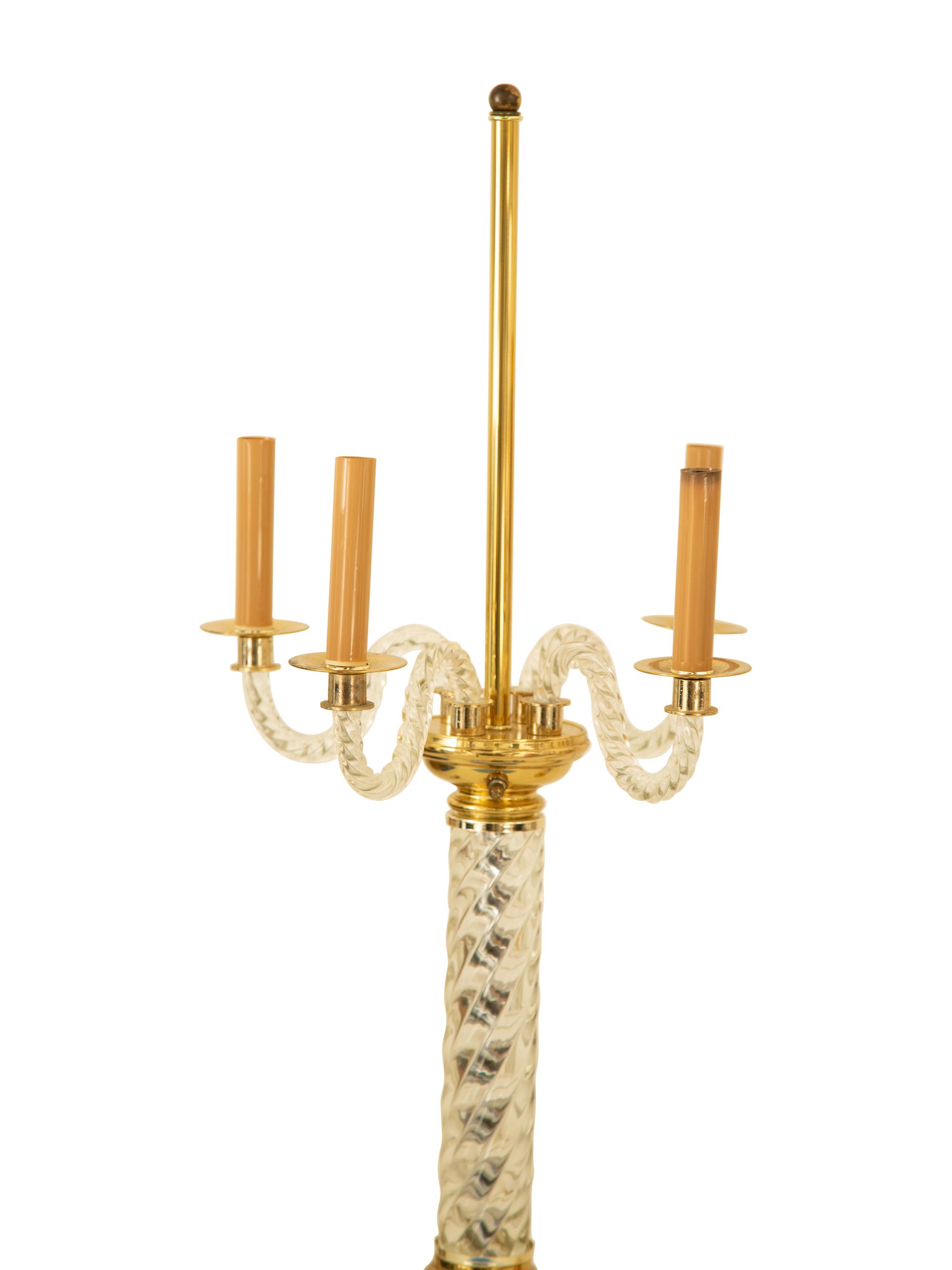 A Pair of Polished Brass and Pressed Glass Four-Light Table Lamps