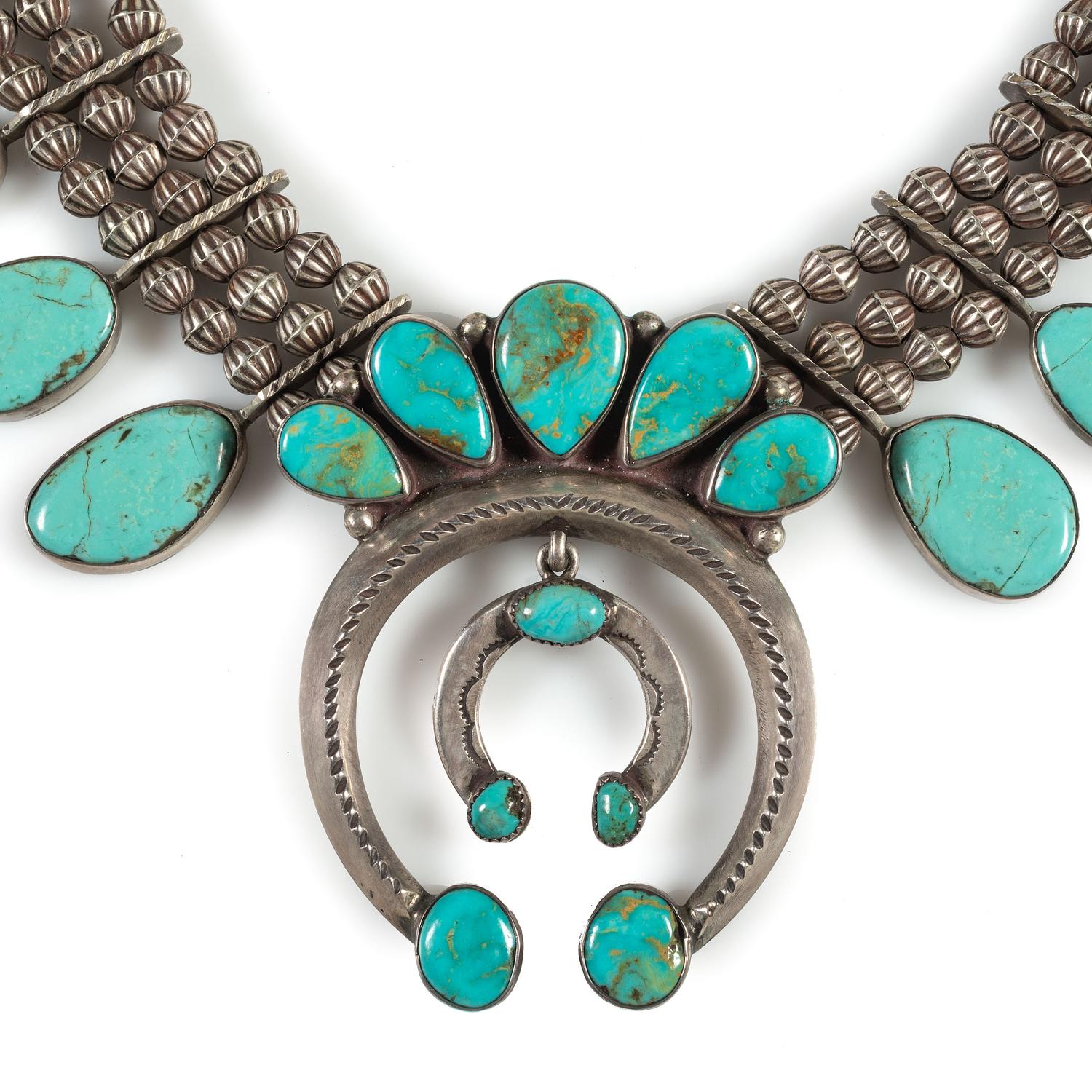 Navajo Silver and Turquoise Squash Blossom Necklace