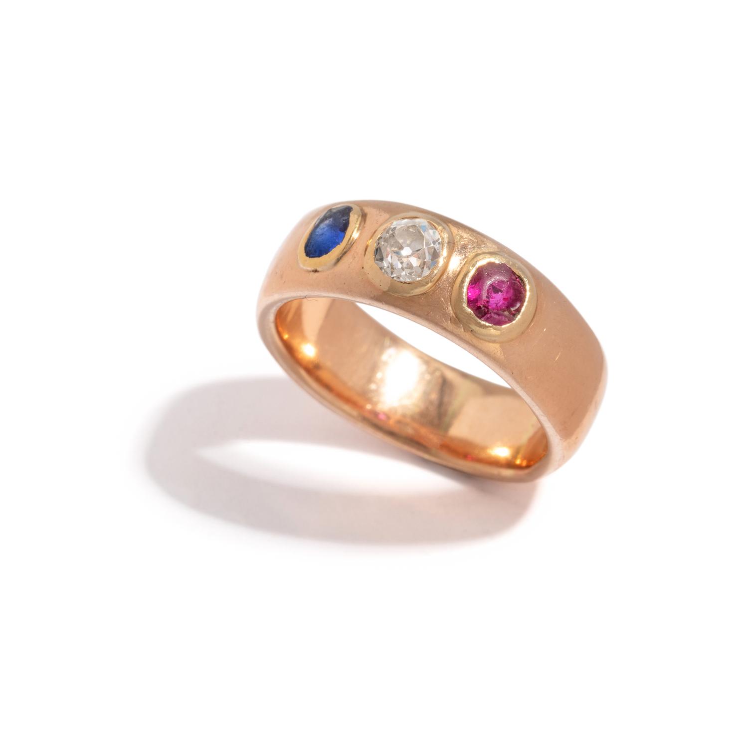 ROSE GOLD, SAPPHIRE, DIAMOND AND RUBY RING