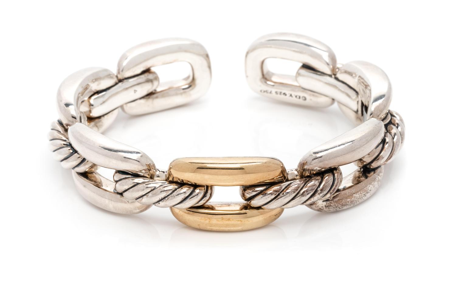 DAVID YURMAN, STERLING SILVER AND YELLOW GOLD 'WELLESLEY LINK SINGLE STACK' CUFF BRACELET