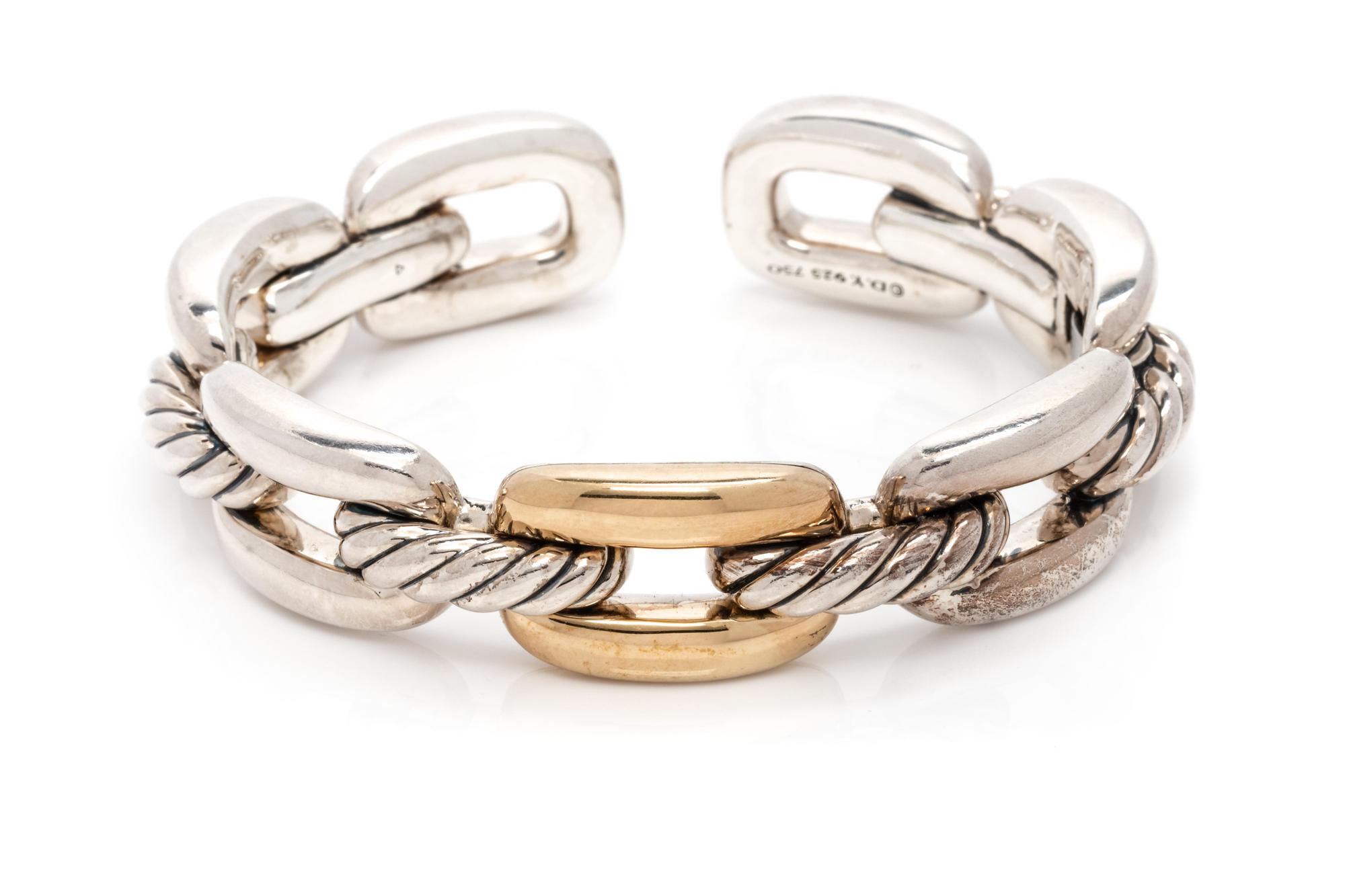 DAVID YURMAN, STERLING SILVER AND YELLOW GOLD 'WELLESLEY LINK SINGLE STACK' CUFF BRACELET