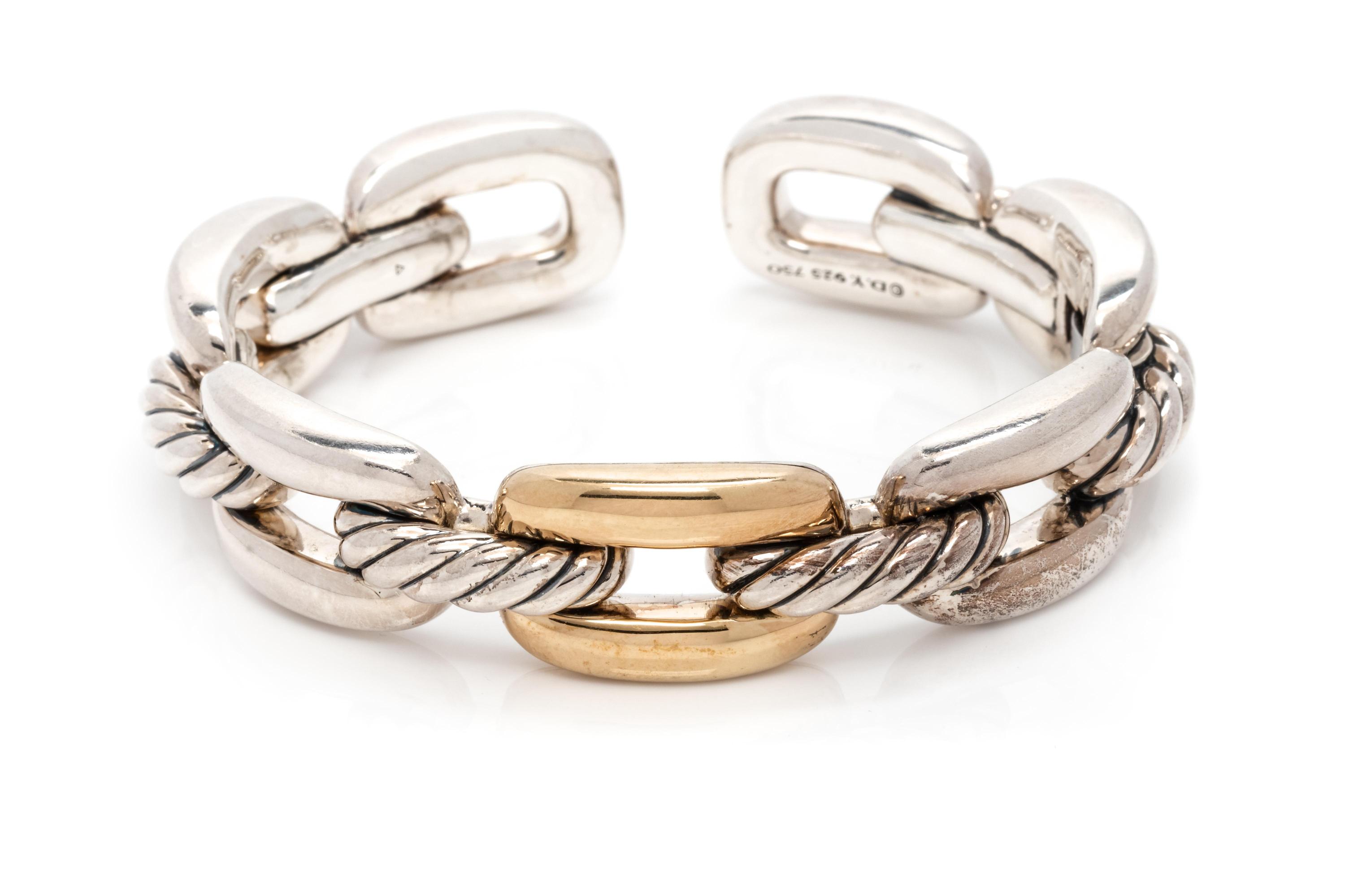 DAVID YURMAN, STERLING SILVER AND YELLOW GOLD 'WELLESLEY LINK SINGLE STACK' CUFF BRACELET
