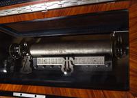 A Swiss Parcel Ebonized and Mother-of-Pearl Inlaid Burlwood Music Box on Stand