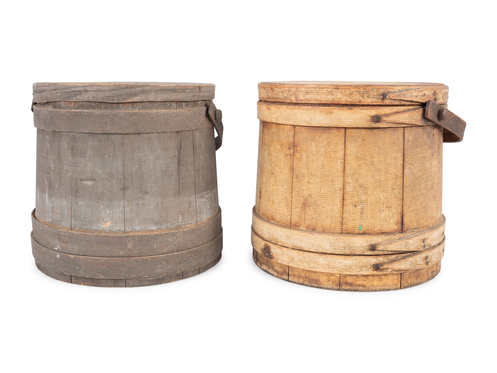 Two Lidded Firkins with Swing Handles