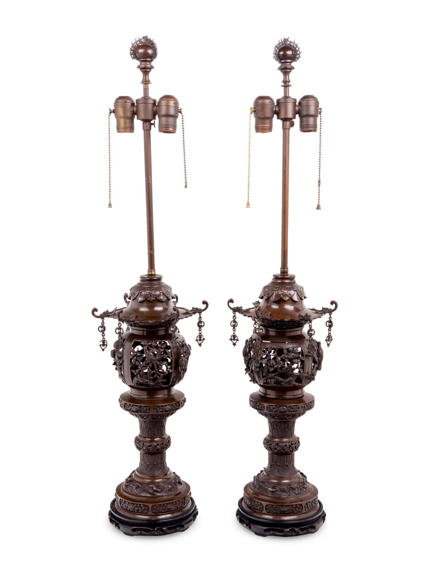A Pair of Bronze Censers Mounted as Lamps
