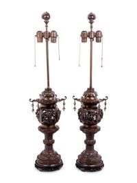 A Pair of Bronze Censers Mounted as Lamps