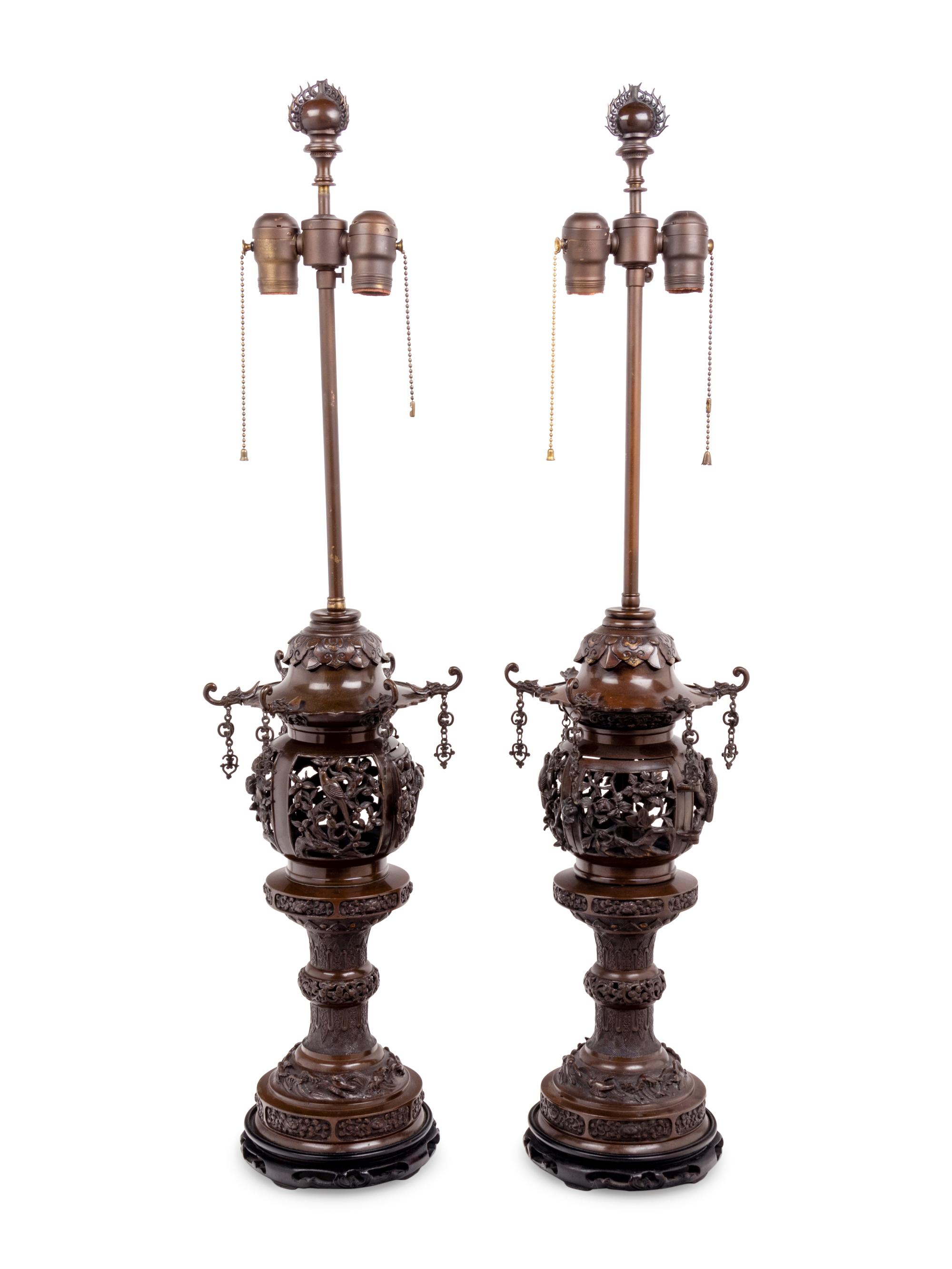 A Pair of Bronze Censers Mounted as Lamps