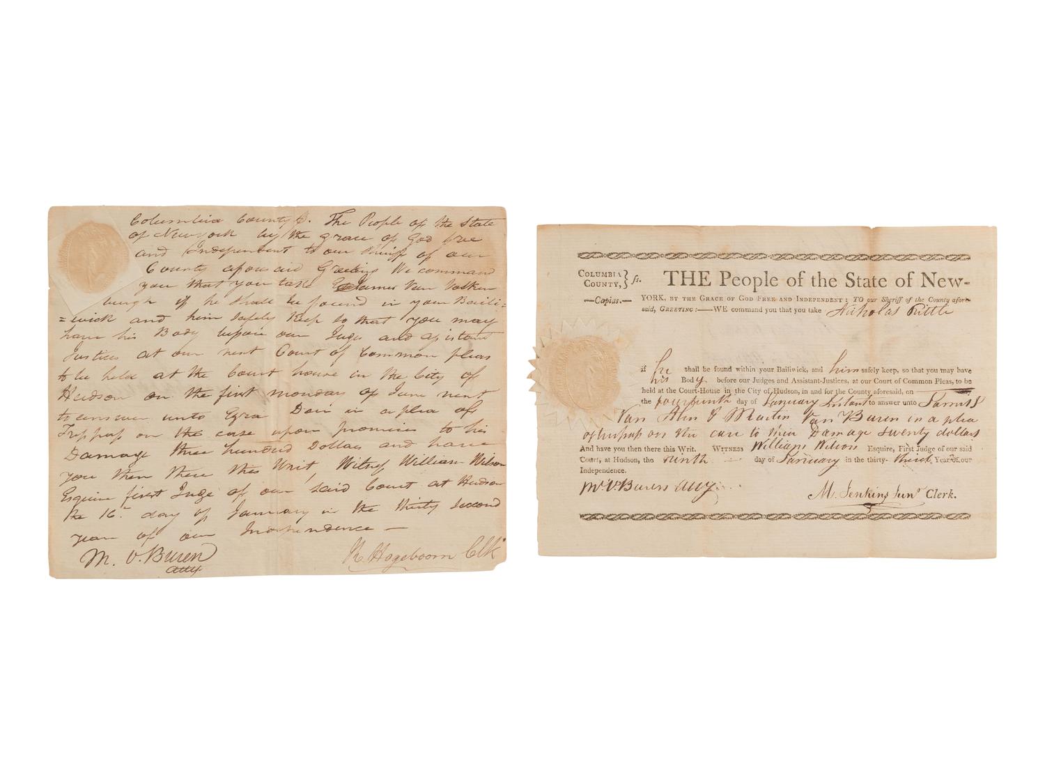 [BUREN, MARTIN VAN (1782-1862)]. 2 legal documents including an ADS by Van Buren as an attorney. 1808-1809.