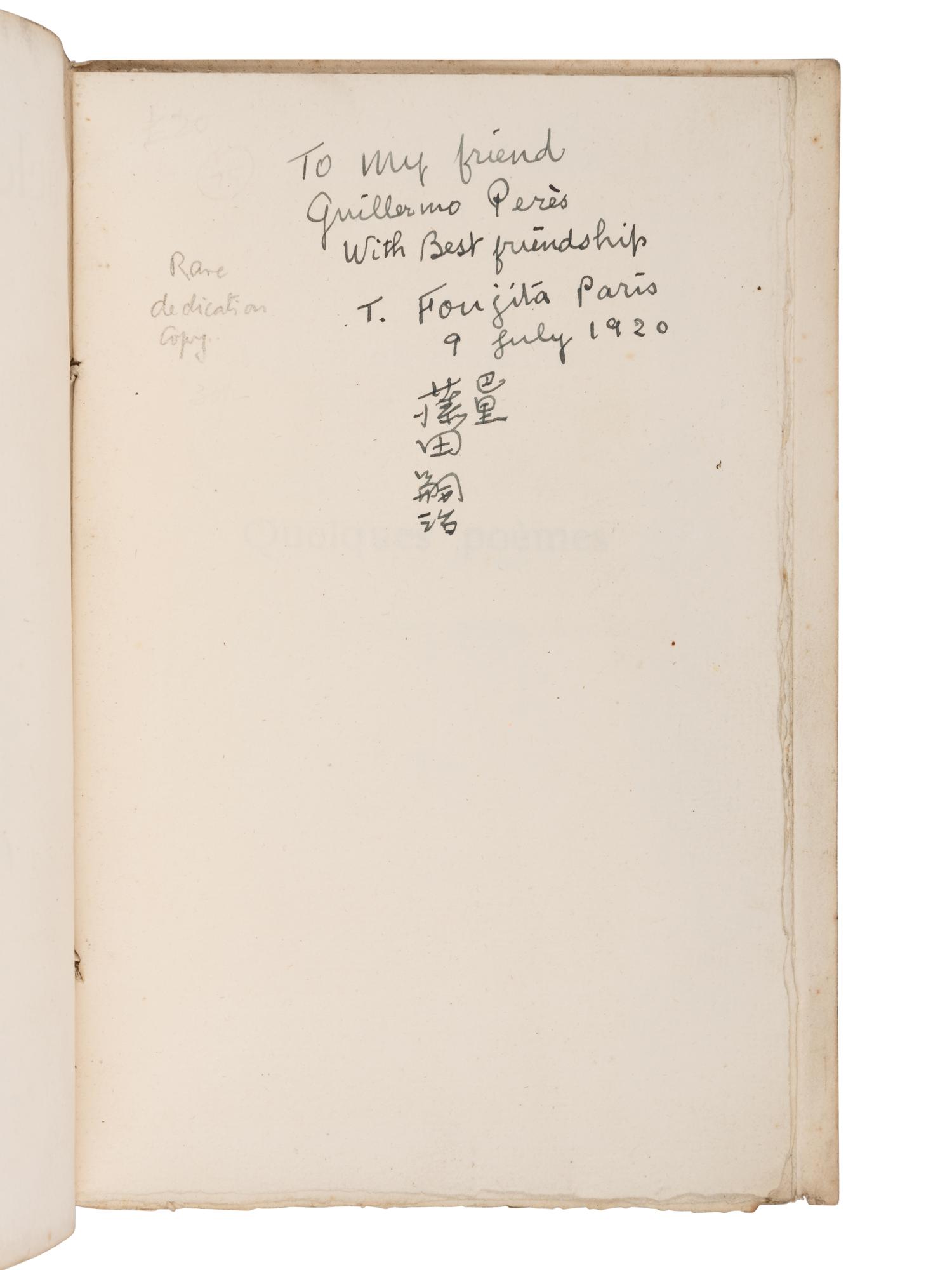 [ARTIST'S BOOKS]. FOUJITA, Tsuguharu (1886-1968), illustrator -- OHMIA, Komaki. Quelques Peomes . Paris: Se Trouve a la Belle Édition, 1919.