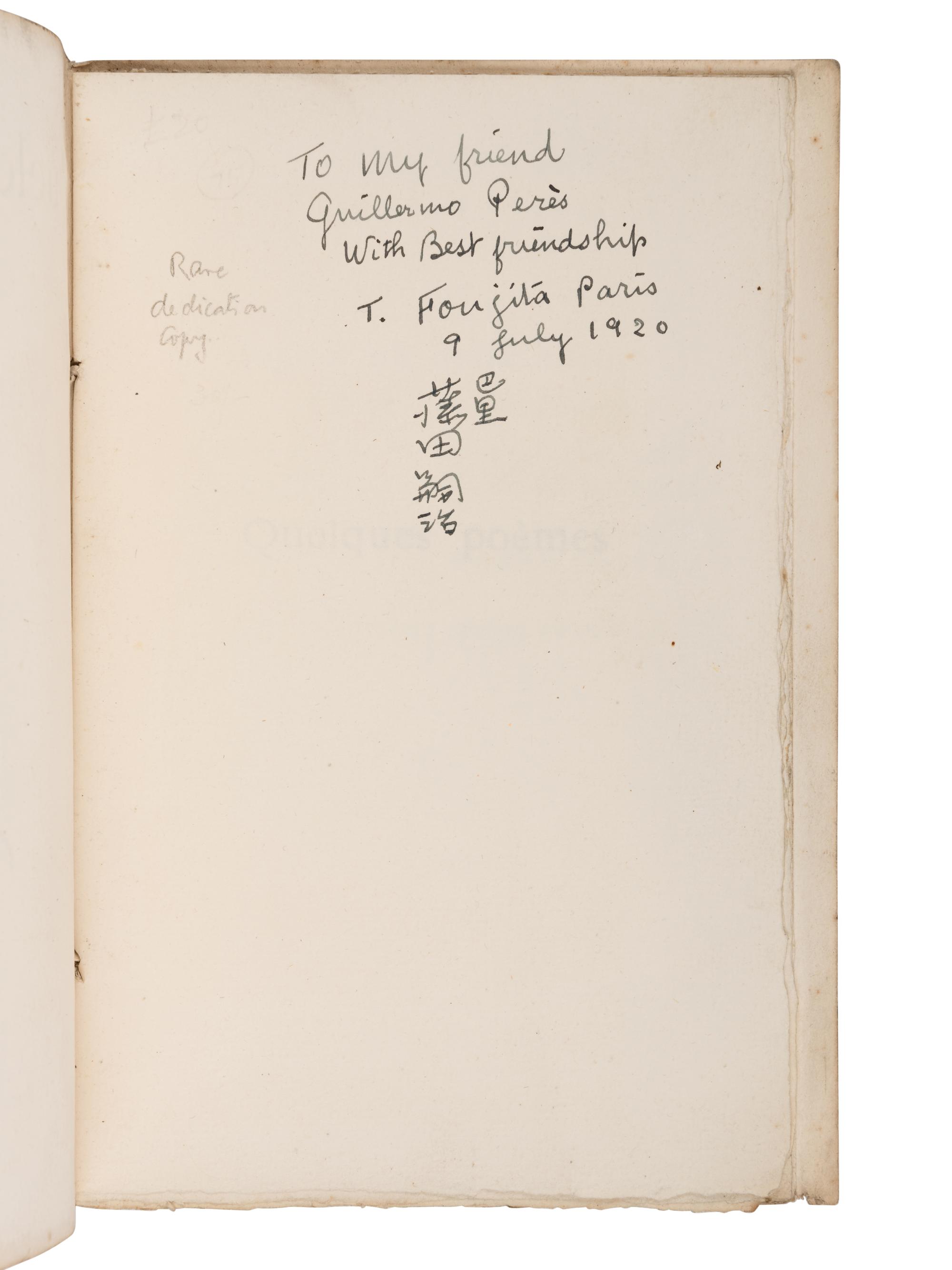 [ARTIST'S BOOKS]. FOUJITA, Tsuguharu (1886-1968), illustrator -- OHMIA, Komaki. Quelques Peomes . Paris: Se Trouve a la Belle Édition, 1919.