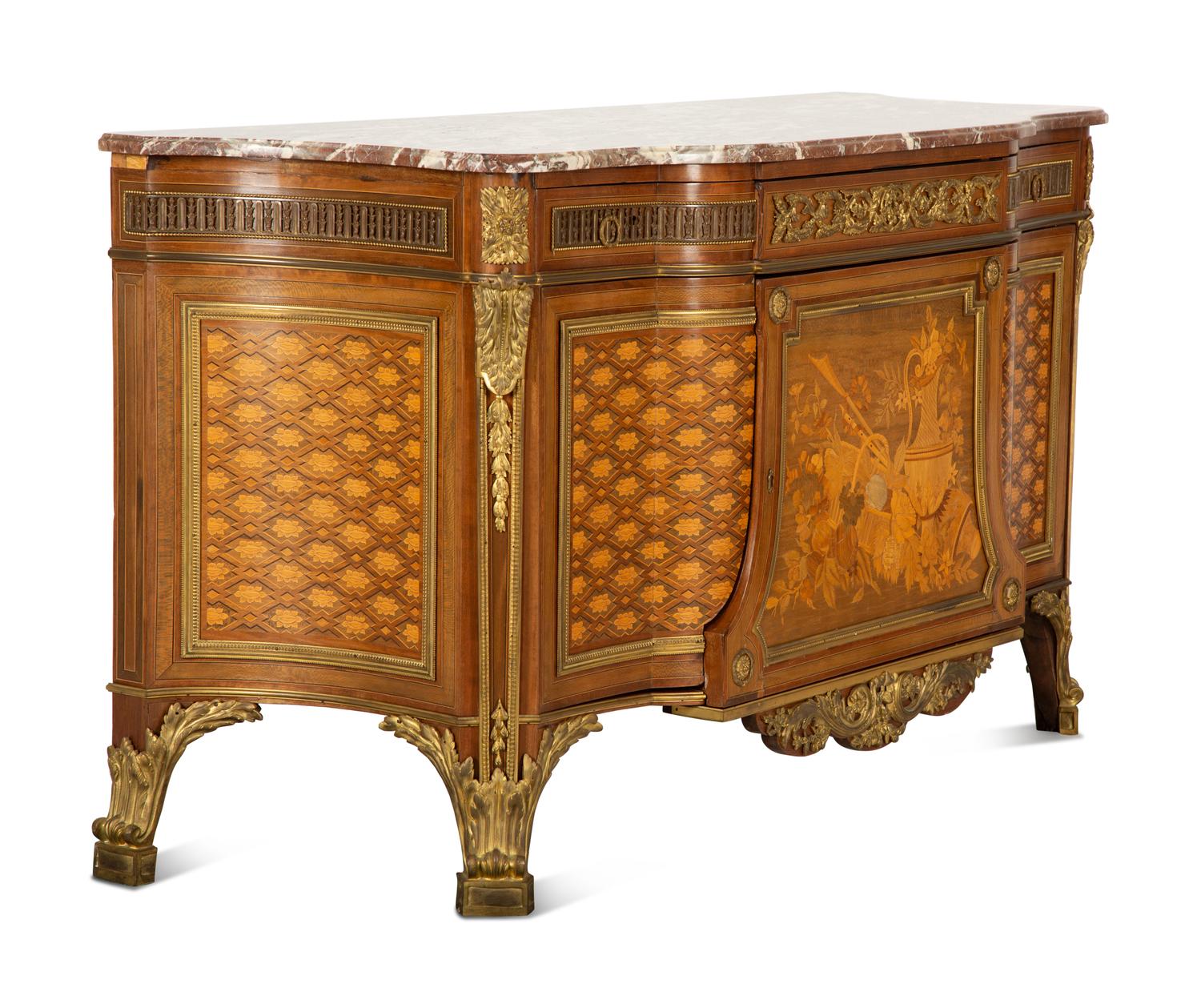 A Louis XVI Style Gilt Bronze Mounted Kingwood and Marquetry Marble-Top Commode