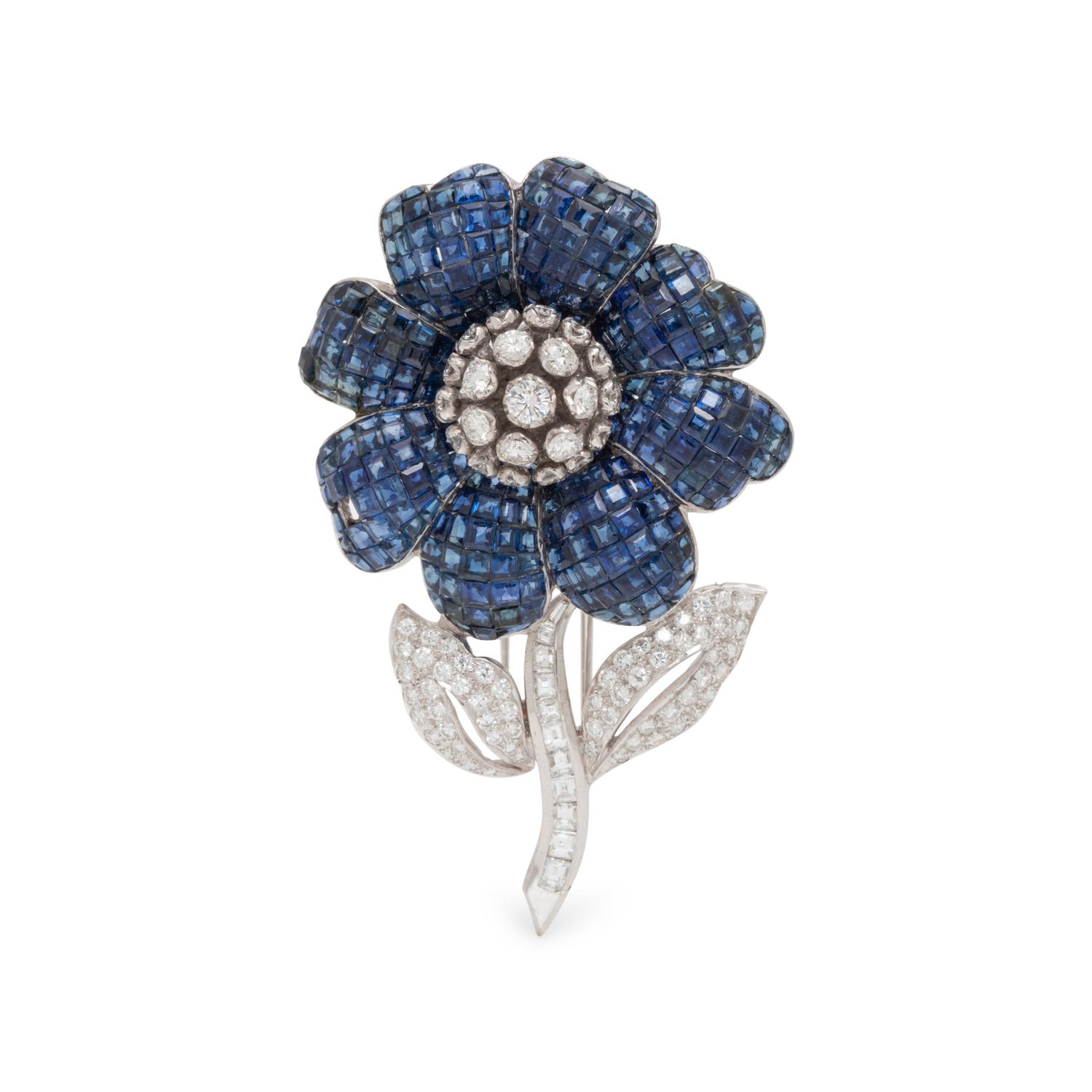 SAPPHIRE AND DIAMOND FLOWER BROOCH