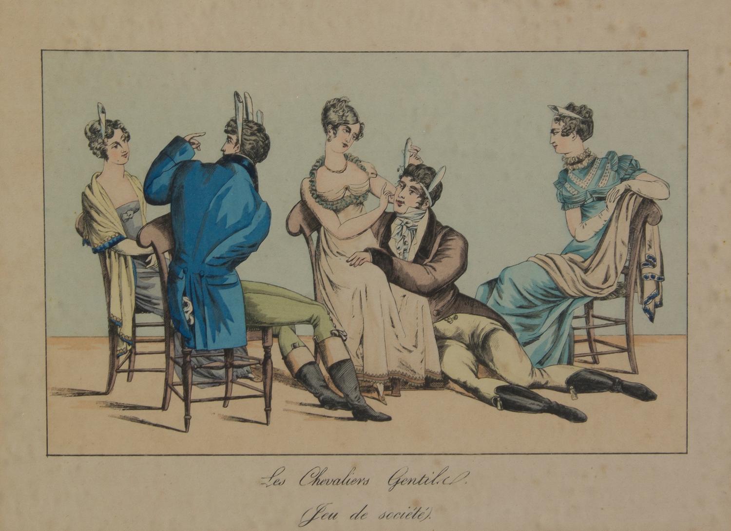 An Assembled Set of Fourteen French Handcolored Engravings, Height 7 x width 9 5/8 inches (visible).