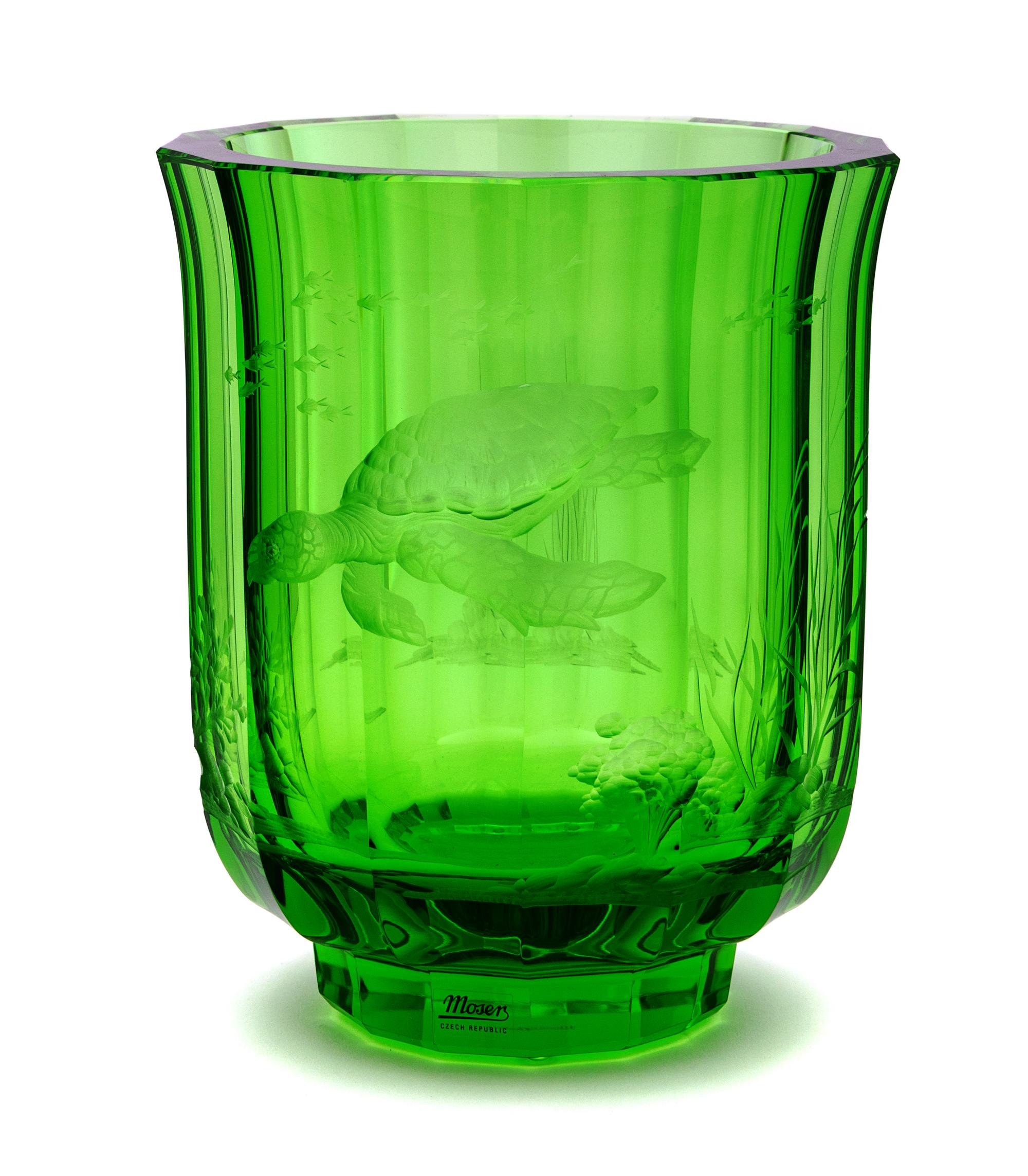 A Moser Green Glass Vase Height 8 inches.