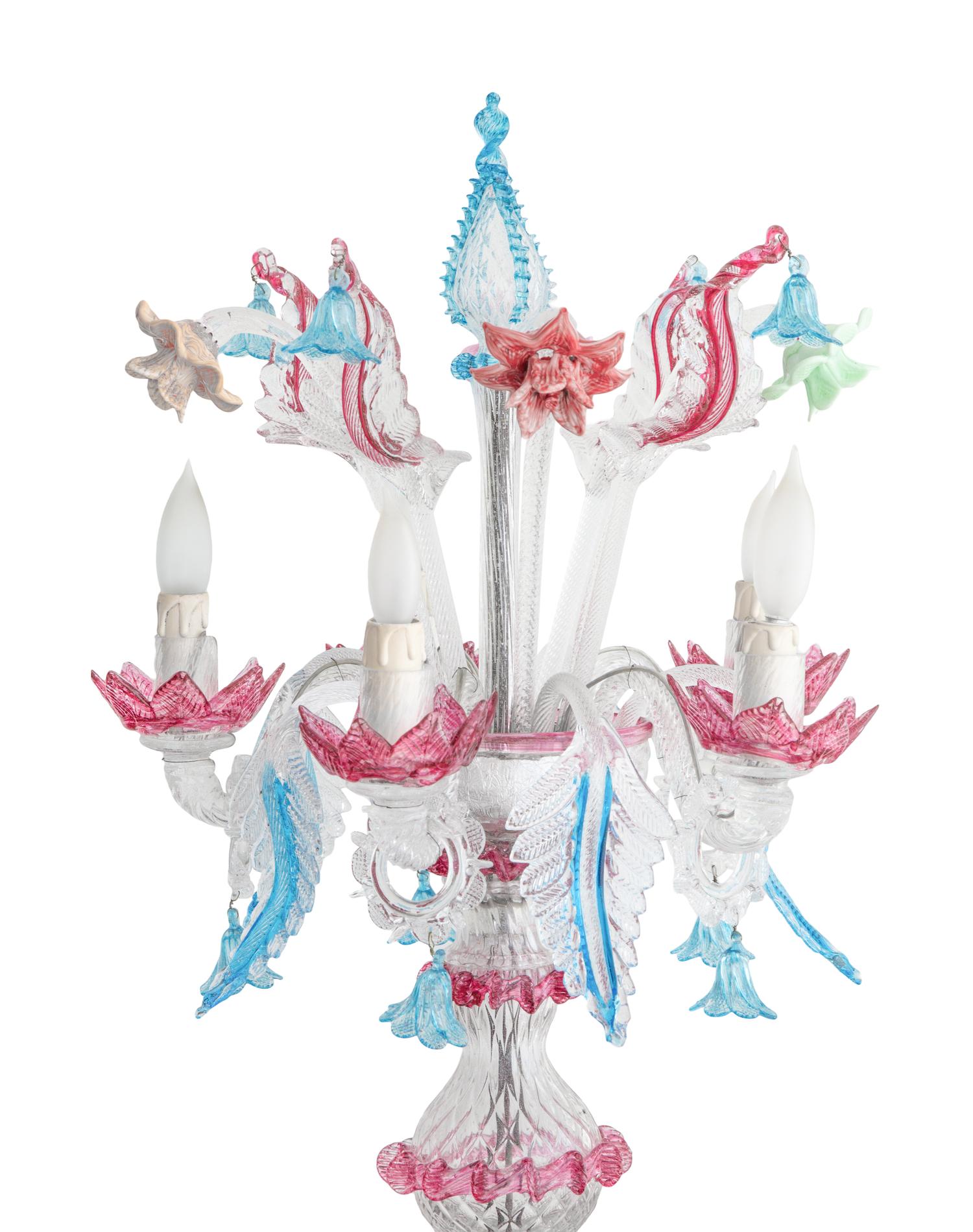 A Pair of Murano Glass Five-Light Girandoles