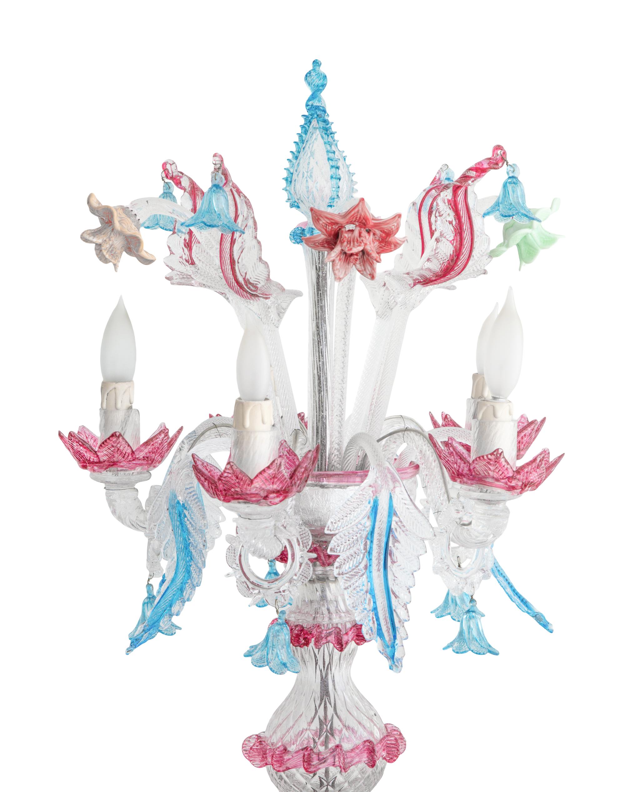 A Pair of Murano Glass Five-Light Girandoles
