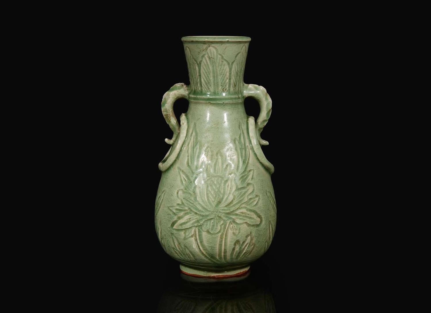 A Chinese celadon-glazed peony-incised vase, Ming to Qing dynasty 青釉刻劃牡丹瓶 明或清