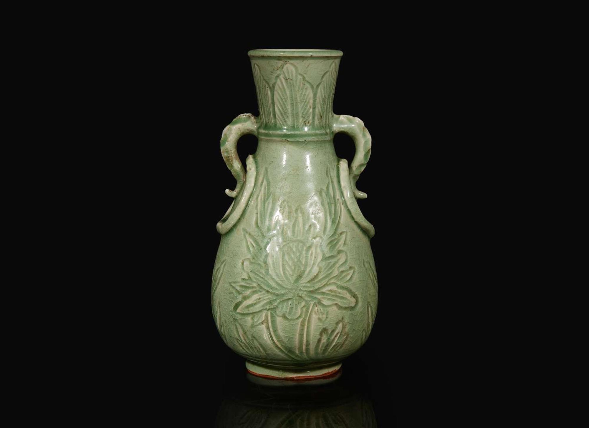 A Chinese celadon-glazed peony-incised vase, Ming to Qing dynasty 青釉刻劃牡丹瓶 明或清