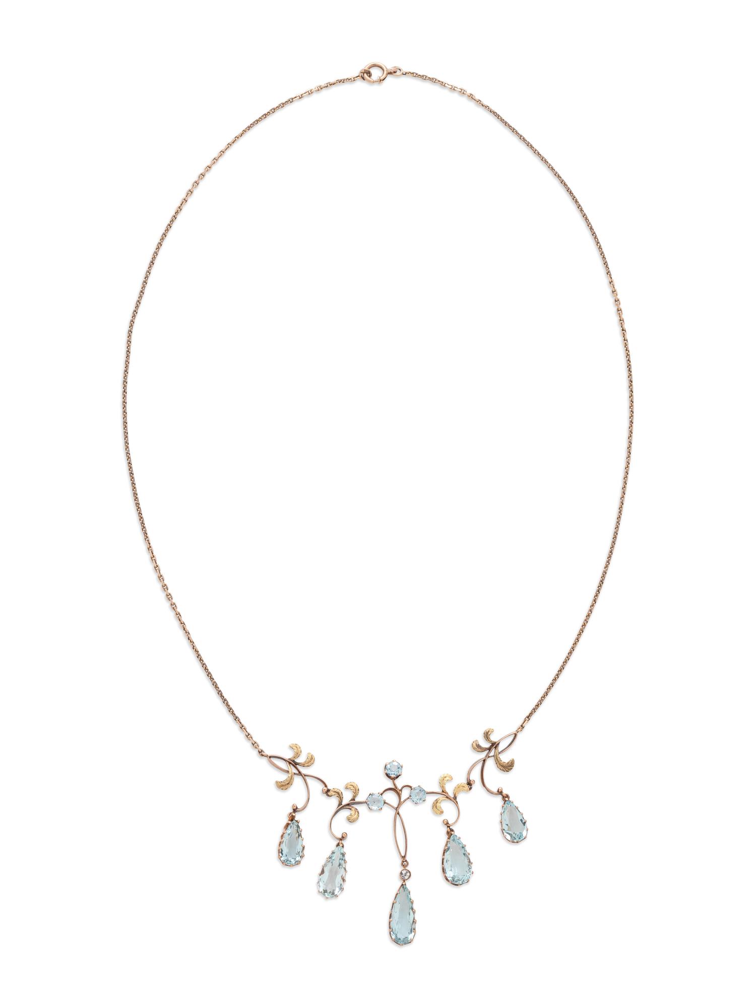 RUSSIAN, ART NOUVEAU, BICOLOR GOLD AND AQUAMARINE NECKLACE
