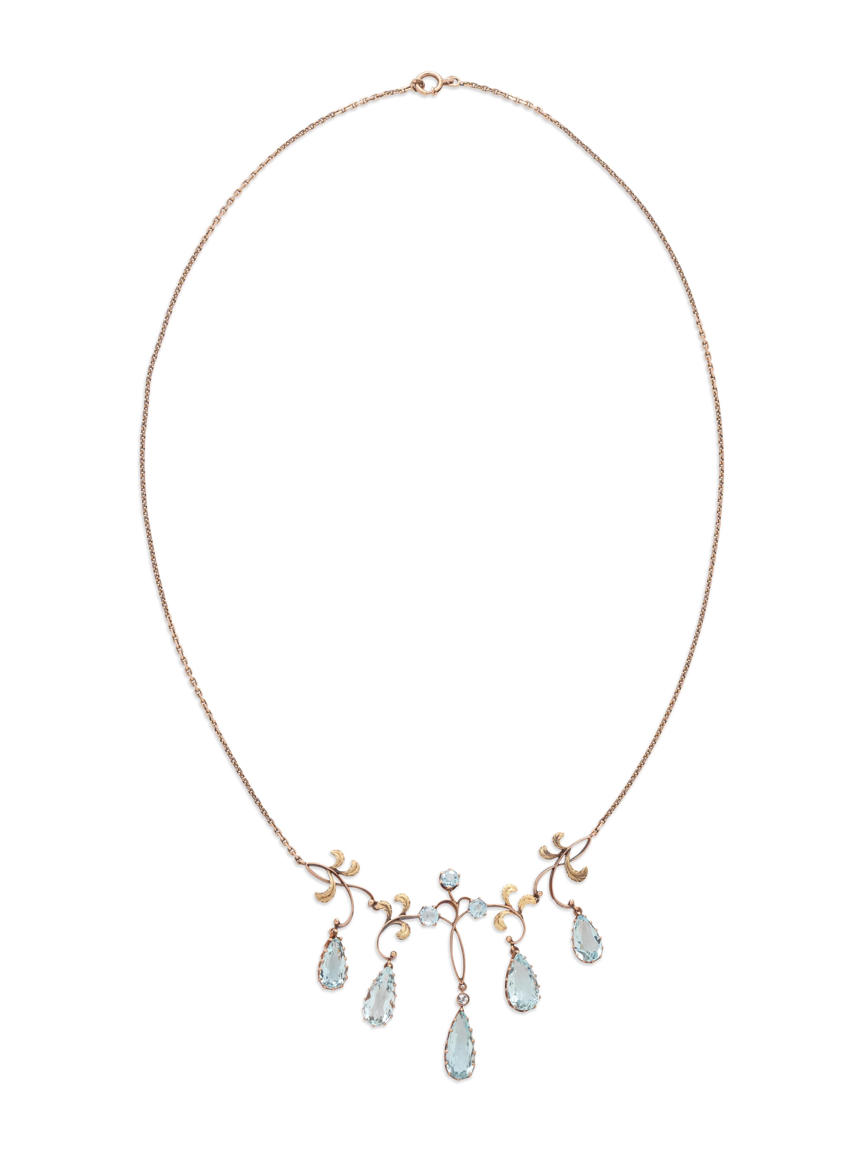 RUSSIAN, ART NOUVEAU, BICOLOR GOLD AND AQUAMARINE NECKLACE