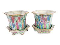 A Pair of Chinese Export Famille Rose Porcelain Hexagonal Jardinieres with Undertrays — CIRCA 1840
