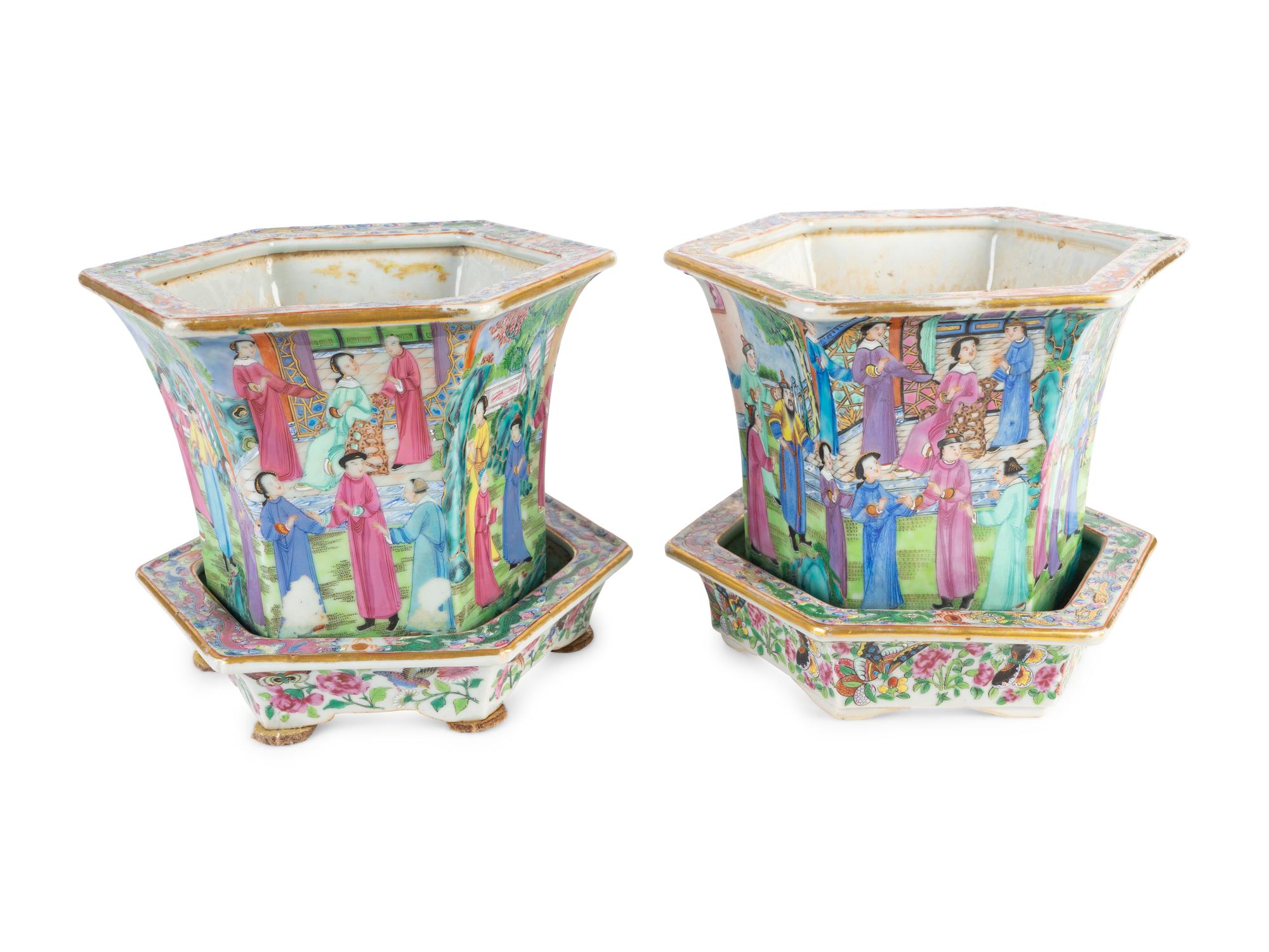 A Pair of Chinese Export Famille Rose Porcelain Hexagonal Jardinieres with Undertrays — CIRCA 1840