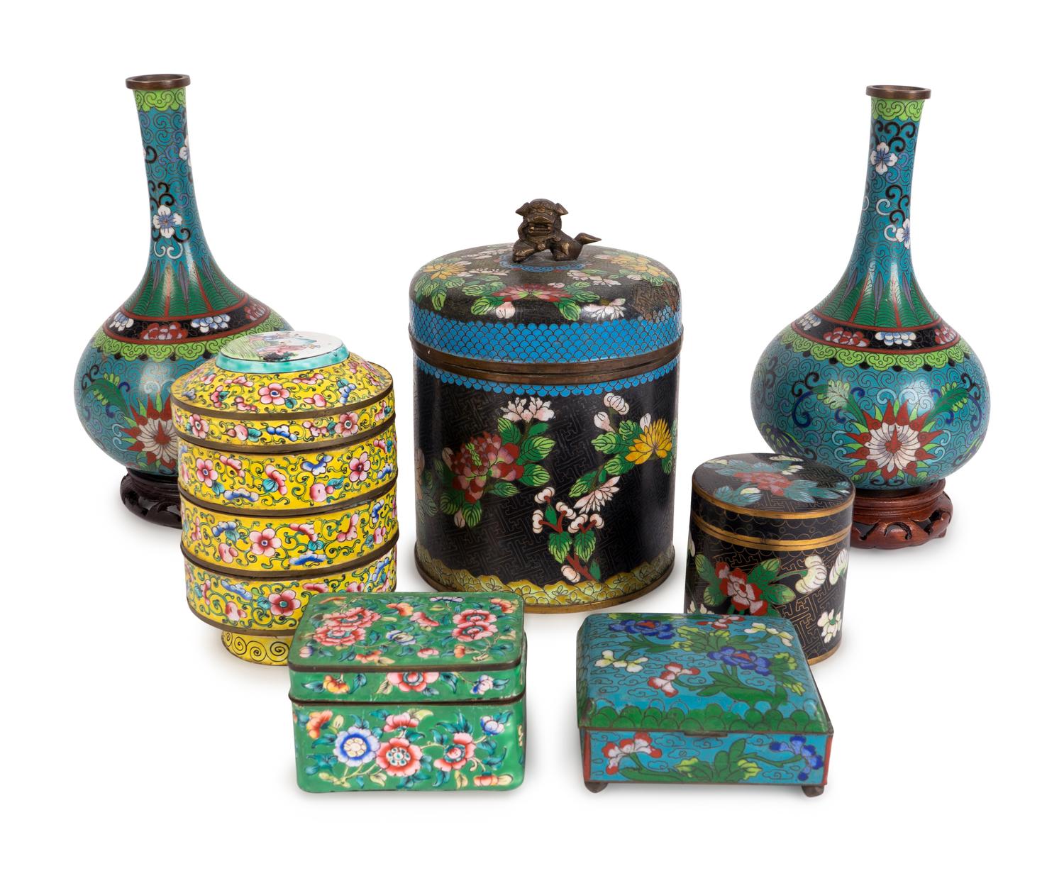 A Group of Seven Chinese Cloisonné Enamel and Canton Enamel on Copper Wares — 19TH/20TH CENTURY
