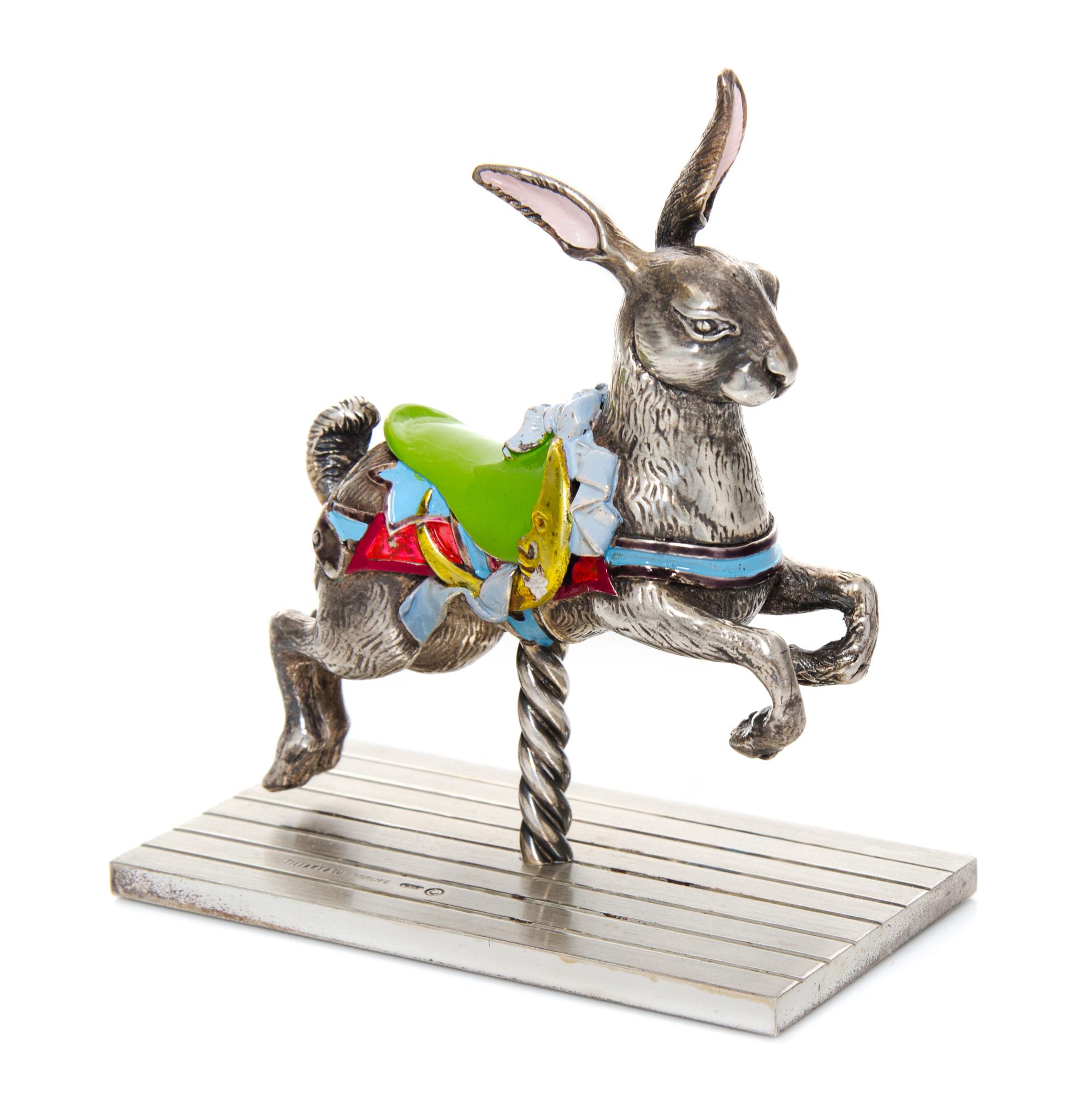 An American Silver and Enamel Circus Figure, Gene Moore for Tiffany & Co., New York, NY, depicting a rabbit form carousel horse on a re