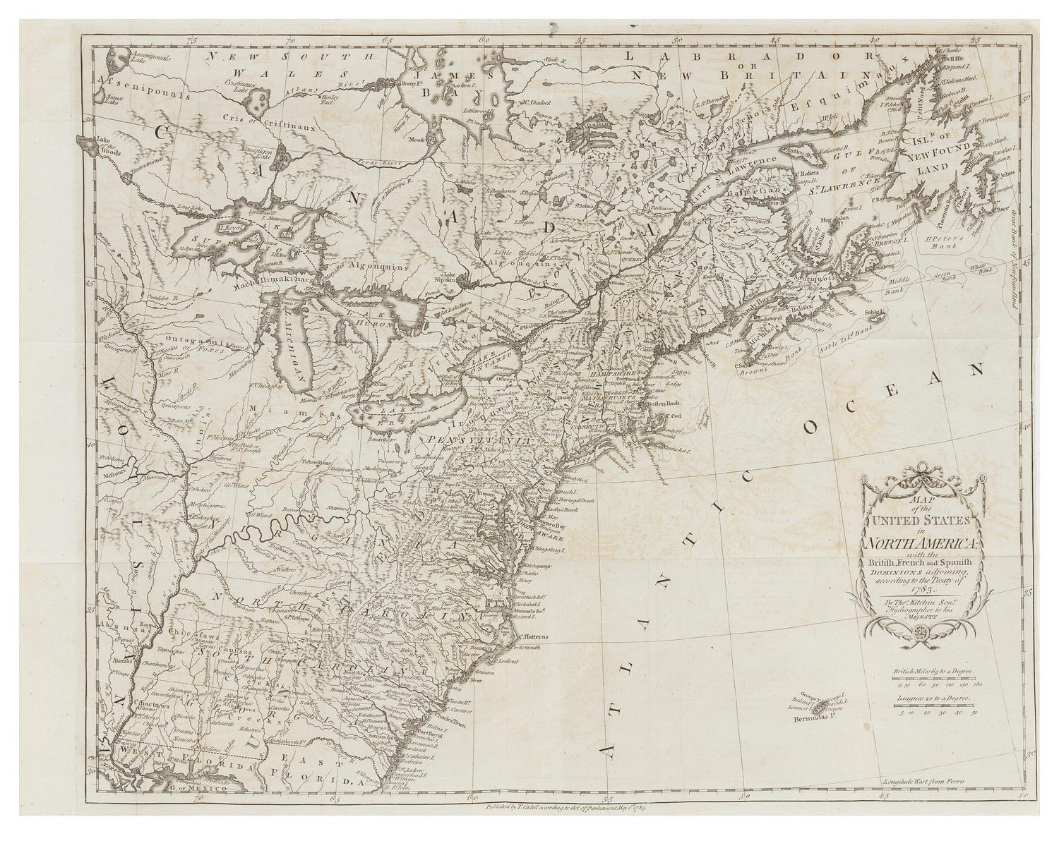 KITCHIN, Thomas (c.1784). Map of the United States in North America... [London:] T. Cadell, 1 Mary 1783.