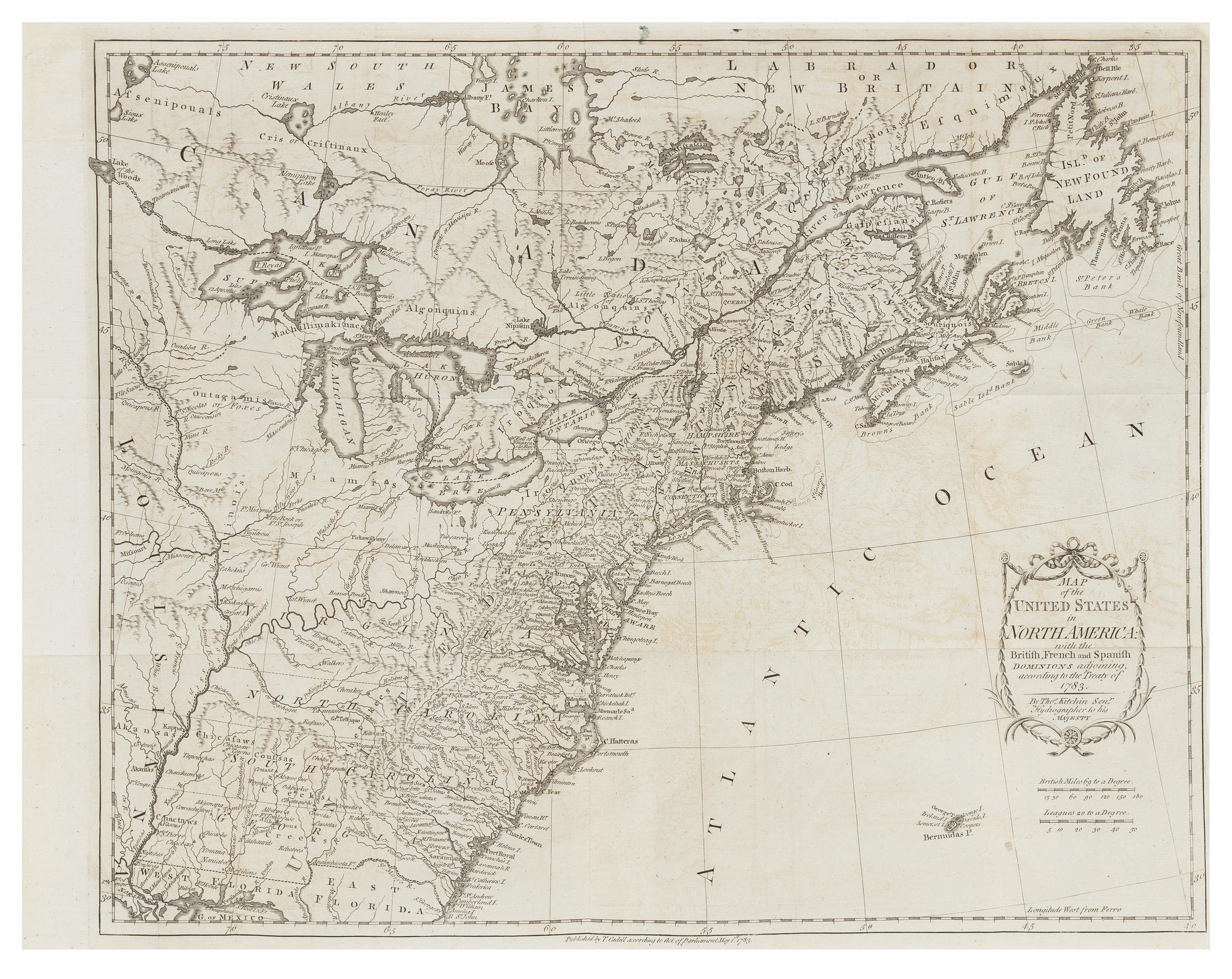 KITCHIN, Thomas (c.1784). Map of the United States in North America... [London:] T. Cadell, 1 Mary 1783.