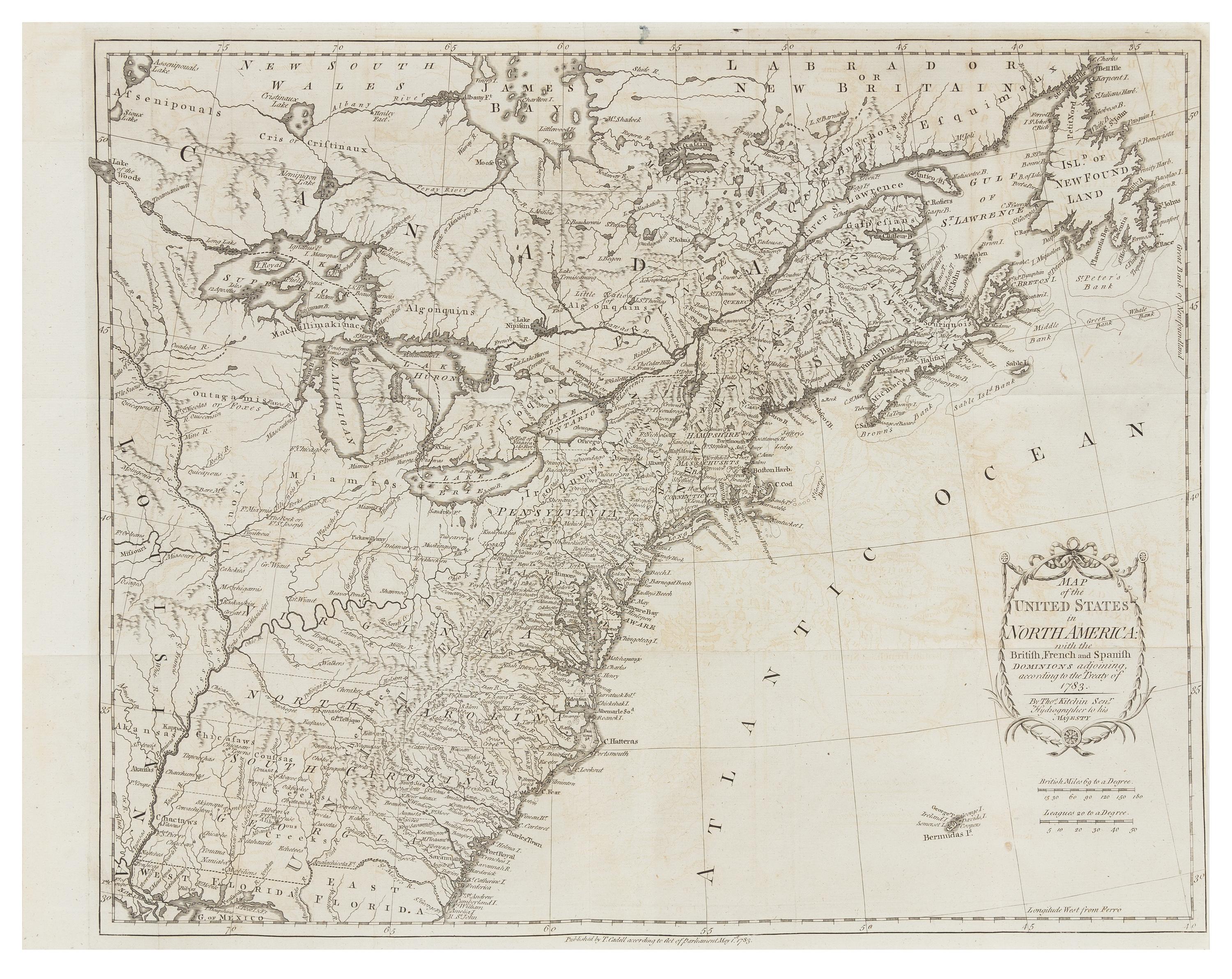 KITCHIN, Thomas (c.1784). Map of the United States in North America... [London:] T. Cadell, 1 Mary 1783.