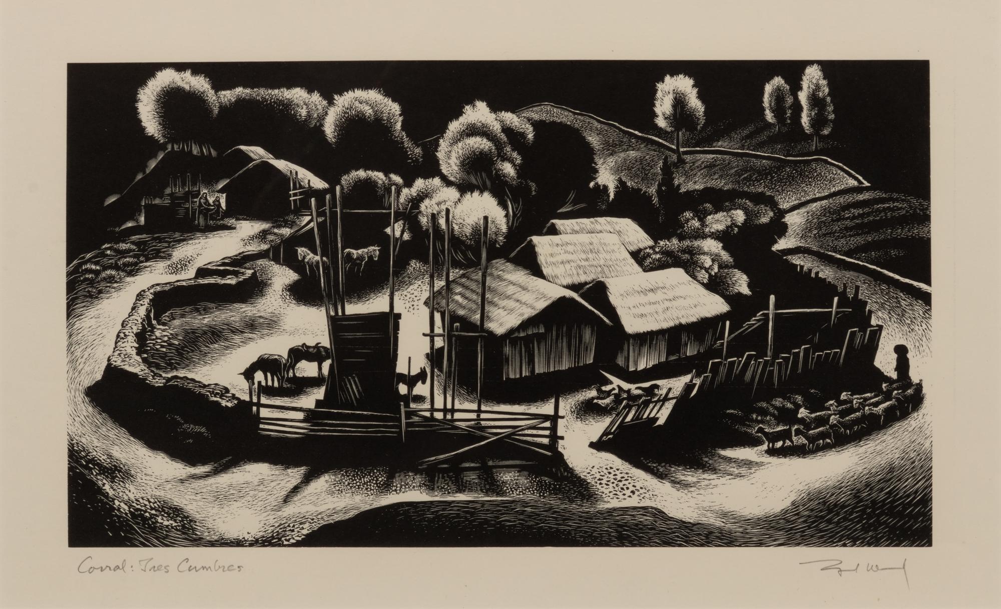 A group of four American prints (Philip Cheney, Sweet Water ; Fred Shane, Farm in the Rockies ; Lynd Ward, The Corral - Tres Cumbres ; Edward A. Wilson, Hog Back Meeting House )