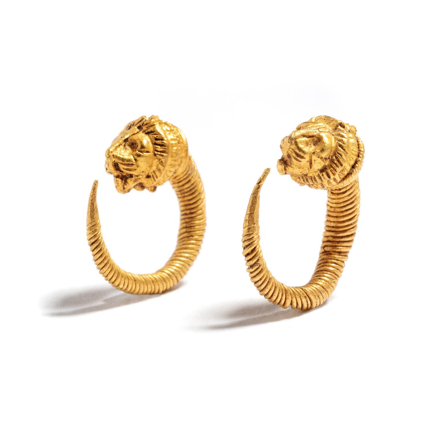 A Pair of Hellenistic Gold Hoop Earrings with Lion-Head Terminals