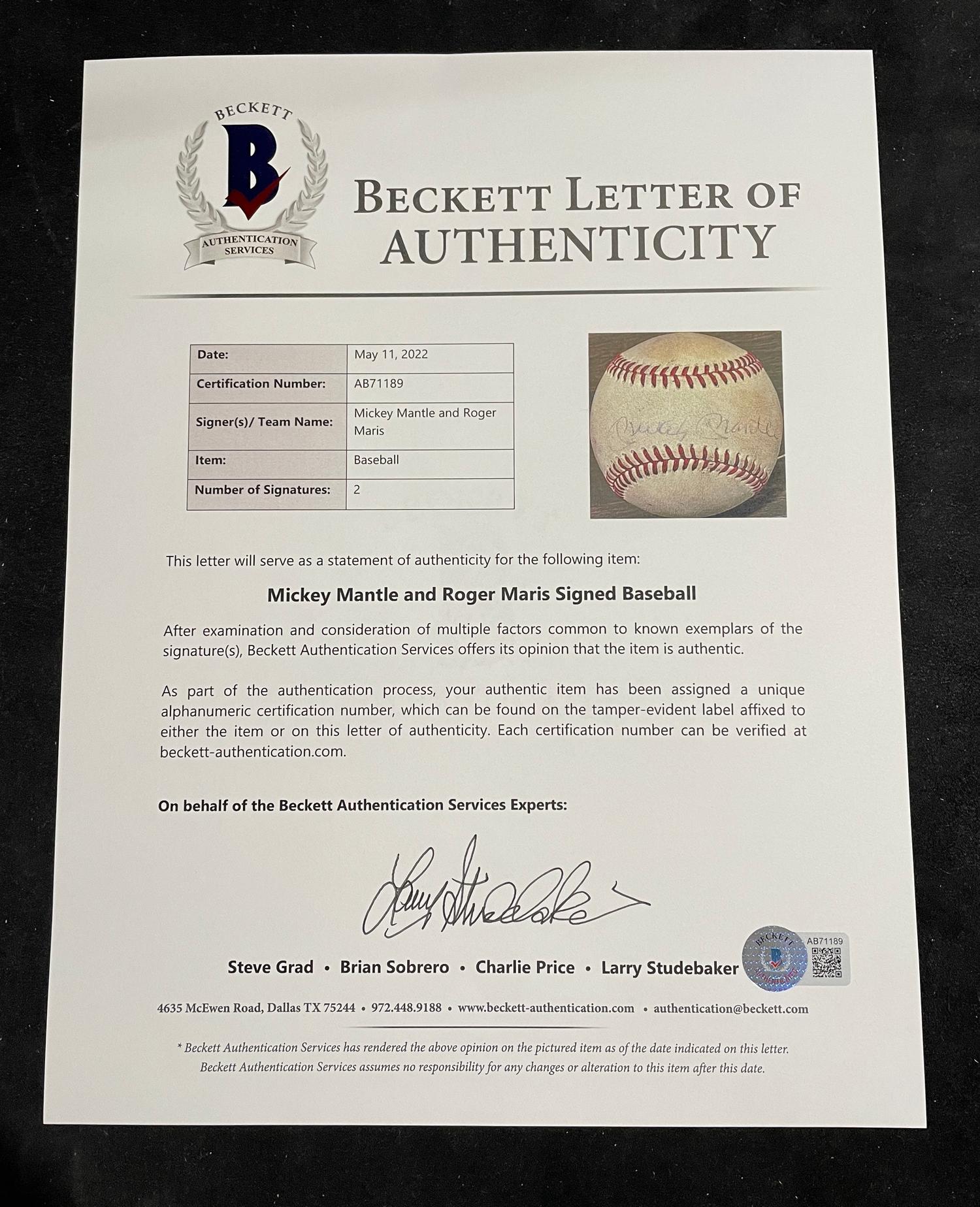 A Mickey Mantle and Roger Maris Dual Signed Autograph Baseball (Beckett Authentication Services Letter BAS Certified),