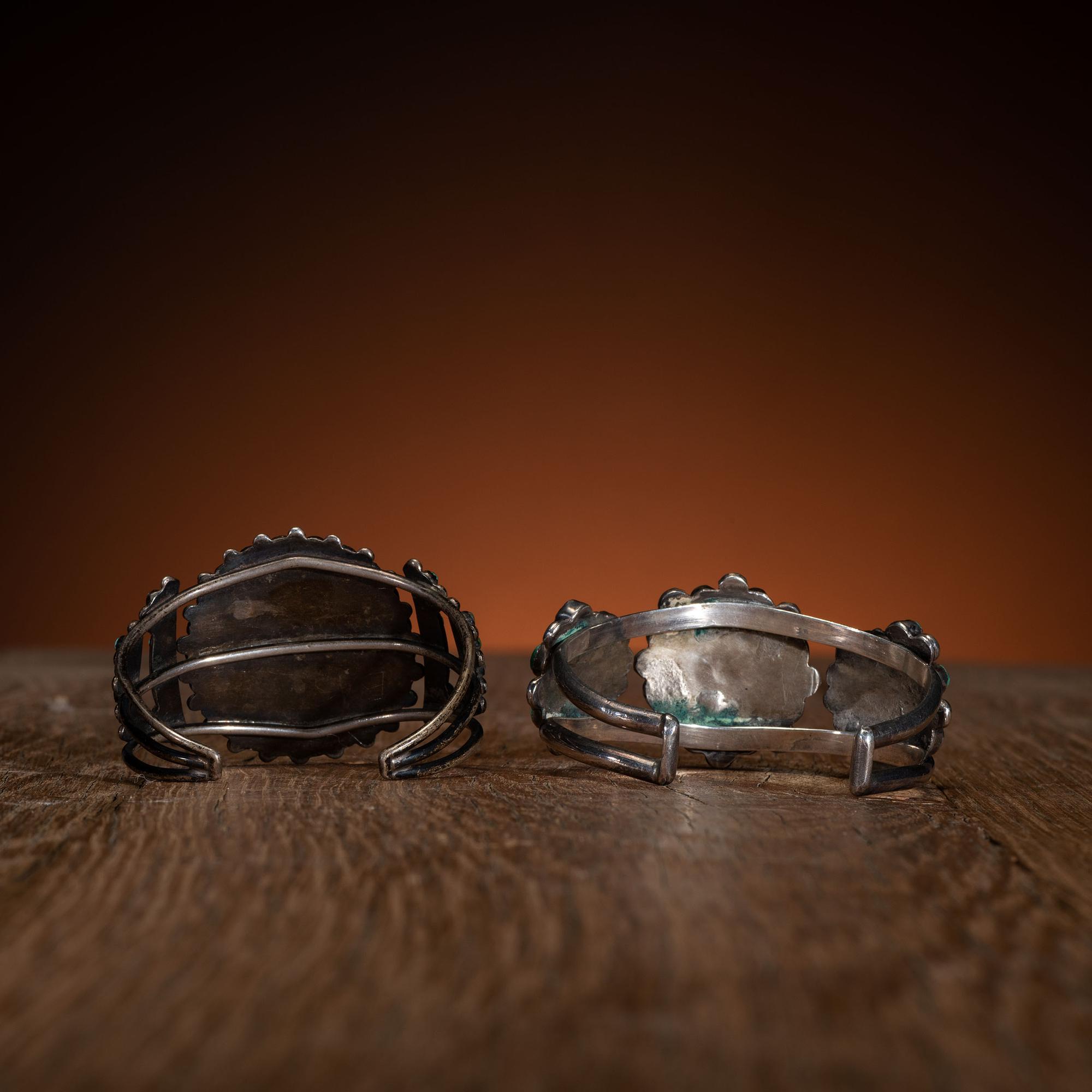 Pair of Zuni Silver and Petit Point Turquoise Cluster Cuff Bracelets