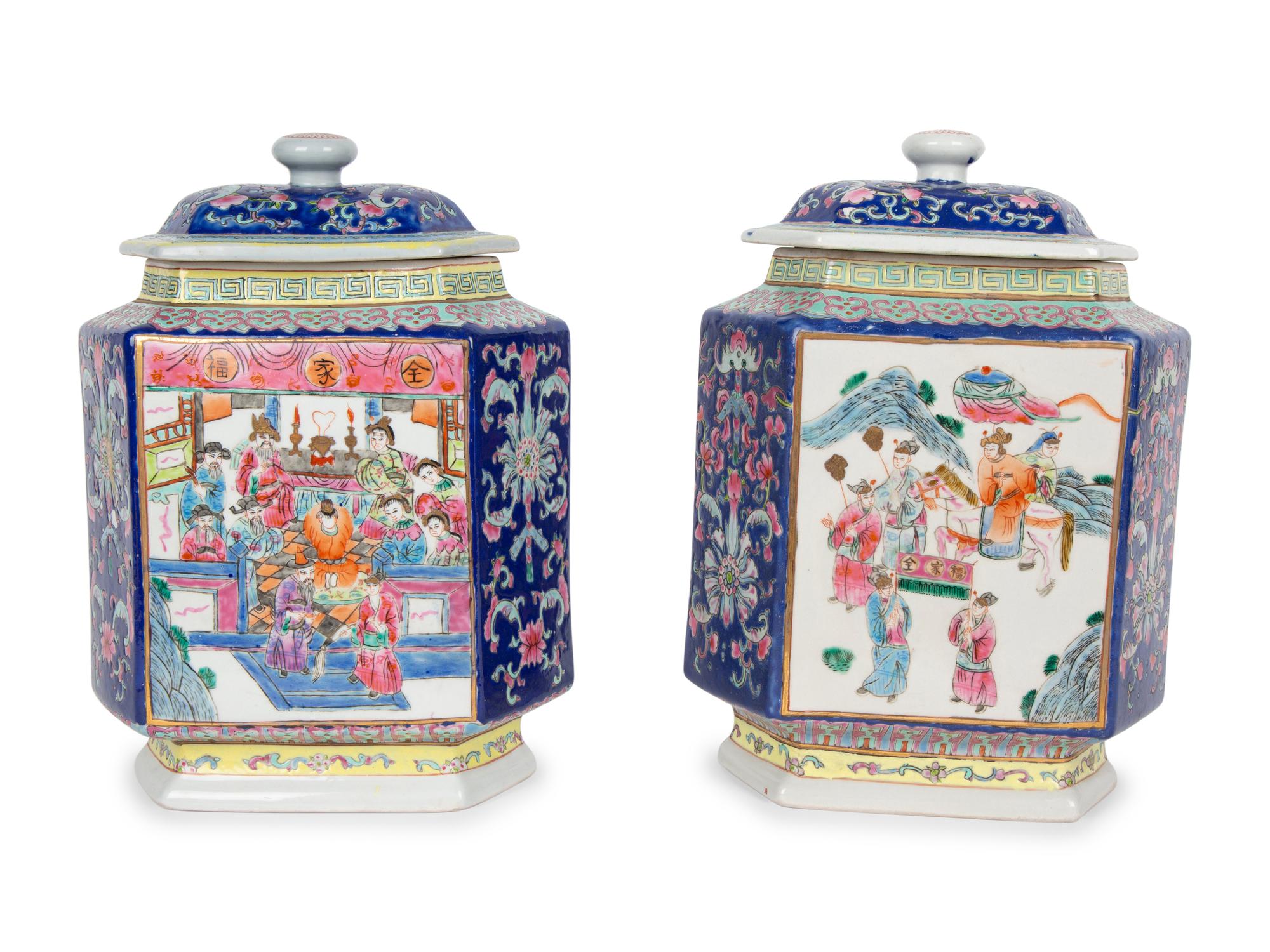 A Pair of Chinese Export Covered Hexagonal Ginger Jars — 19TH/20TH CENTURY