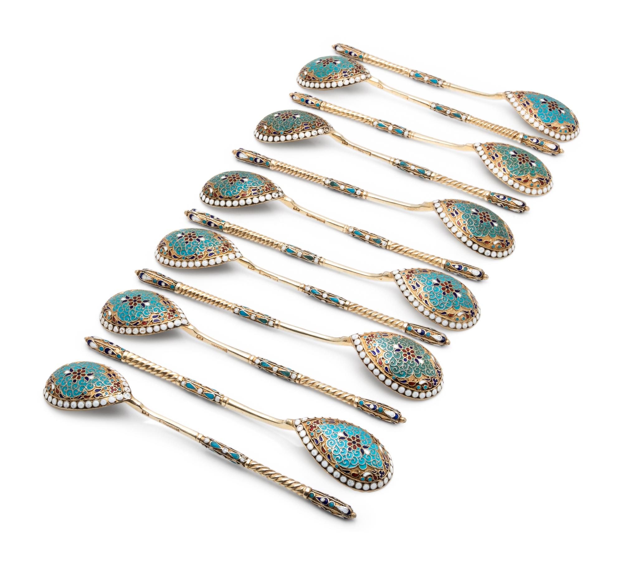 A Set of Twelve Russian Silver-Gilt and Enamel Teaspoons