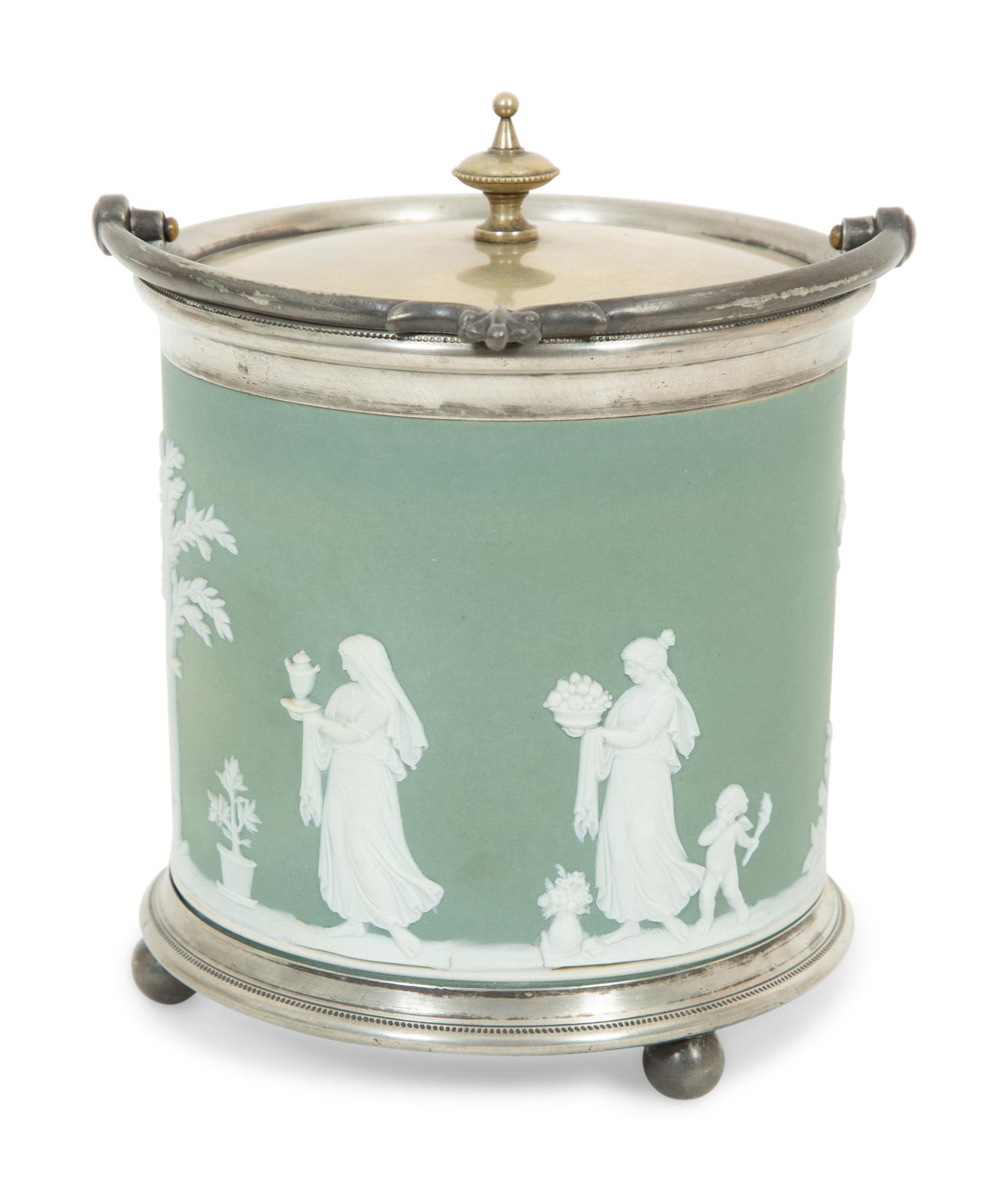 A Green Wedgwood Jasperware Portland Vase and Biscuit Barrell with Silver Plate Handle, Top and Base combined with biscuit barrell 323704/124