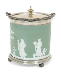 A Green Wedgwood Jasperware Portland Vase and Biscuit Barrell with Silver Plate Handle, Top and Base combined with biscuit barrell 323704/124