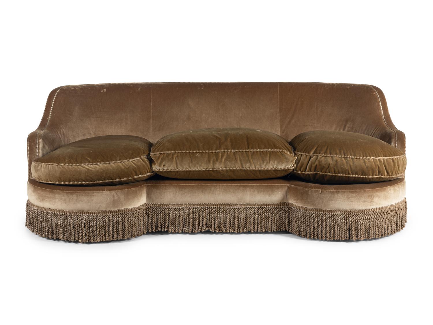 A Custom Velvet-Upholstered Reniform Sofa with Bullion Fringe