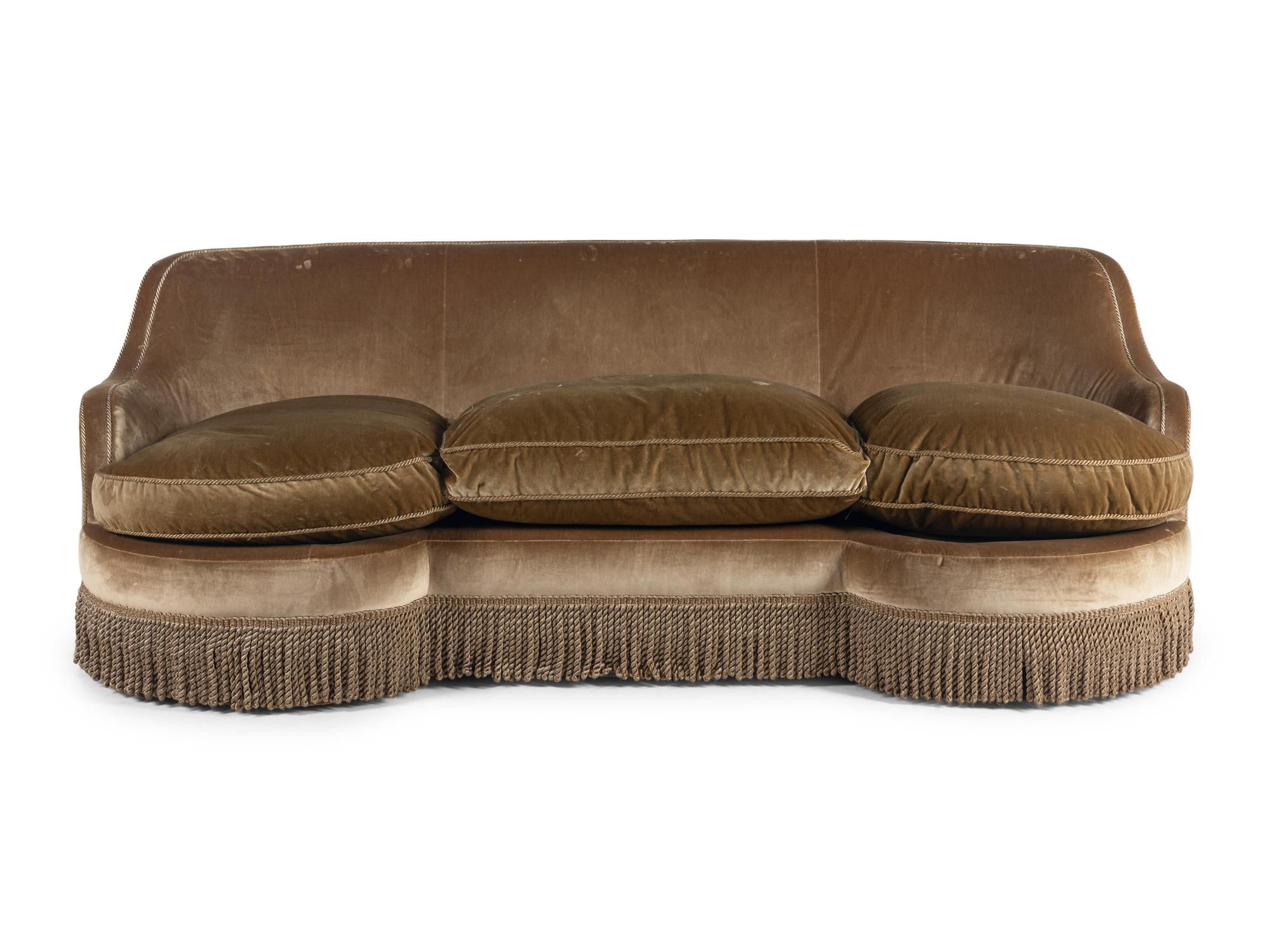 A Custom Velvet-Upholstered Reniform Sofa with Bullion Fringe