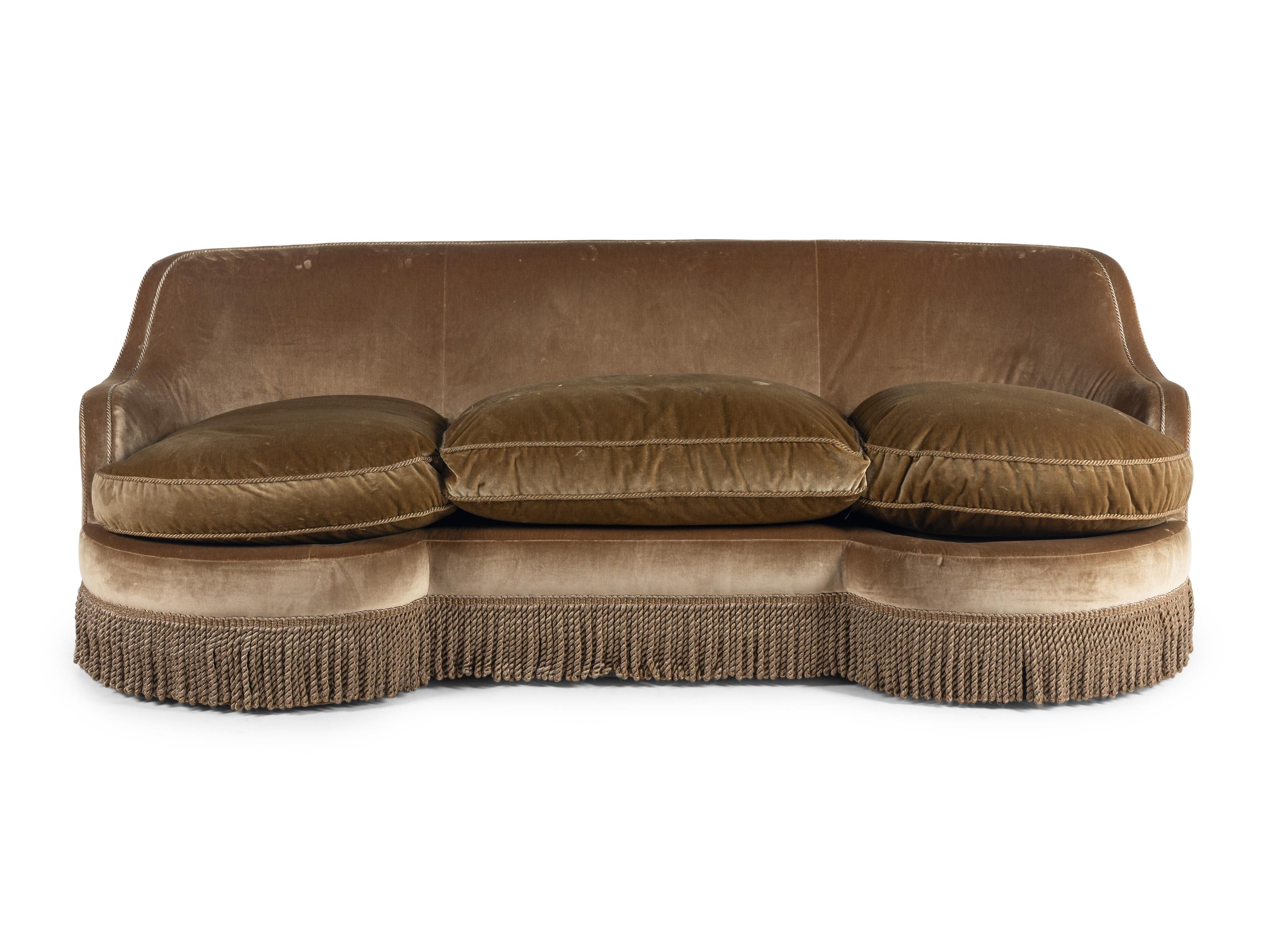 A Custom Velvet-Upholstered Reniform Sofa with Bullion Fringe
