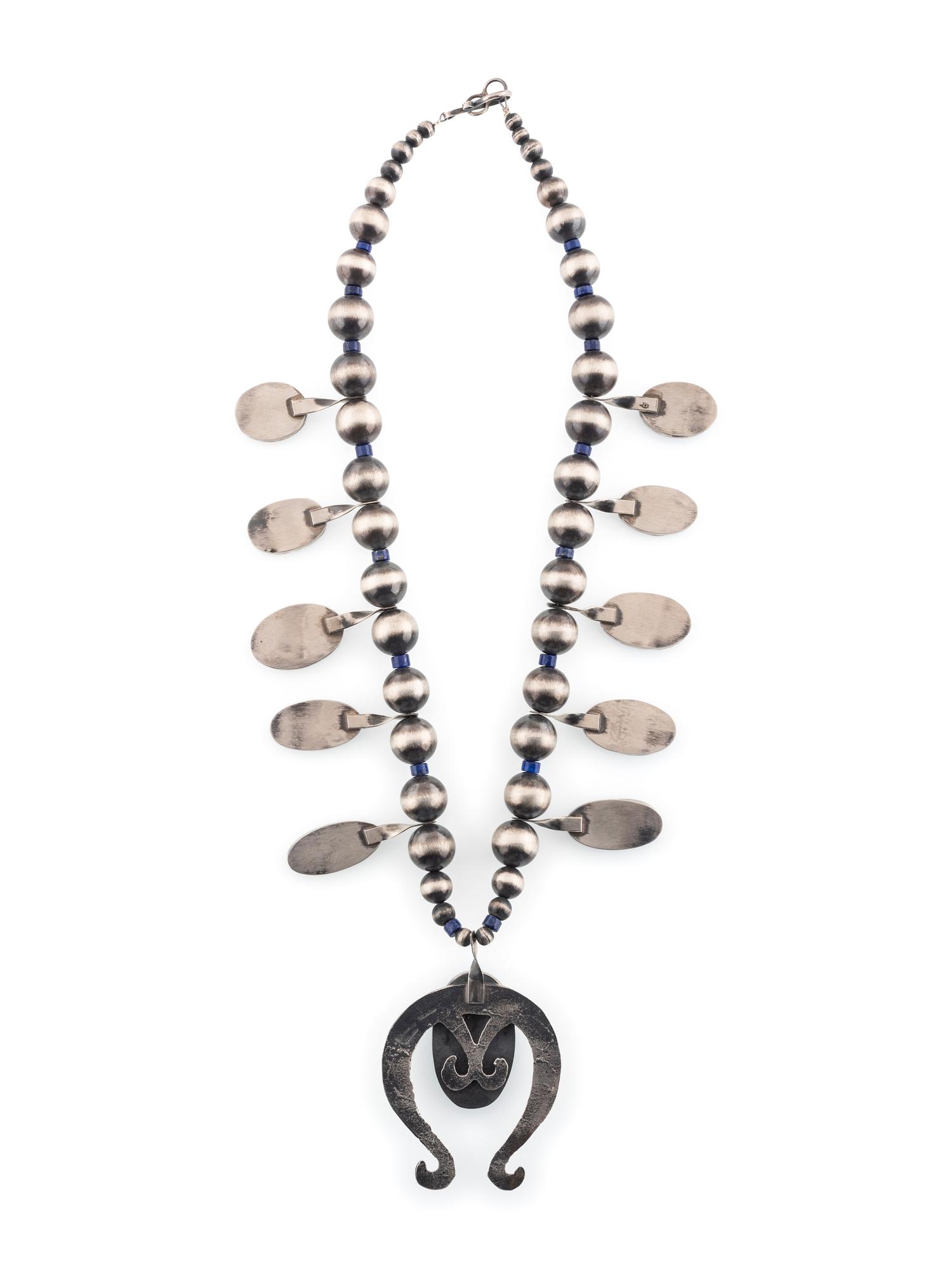 Sand Cast Sterling Silver and Lapis Squash Blossom Necklace