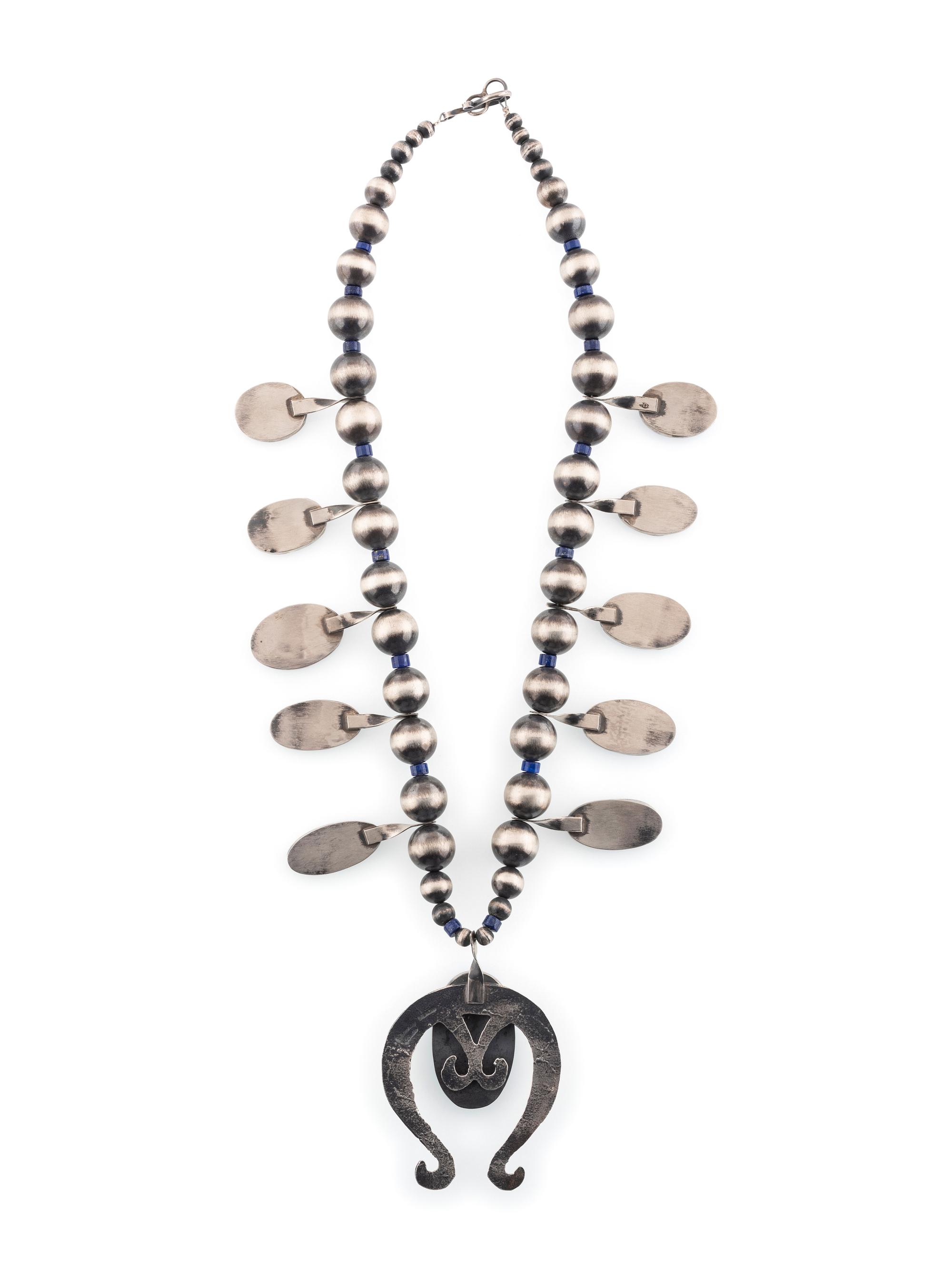 Sand Cast Sterling Silver and Lapis Squash Blossom Necklace