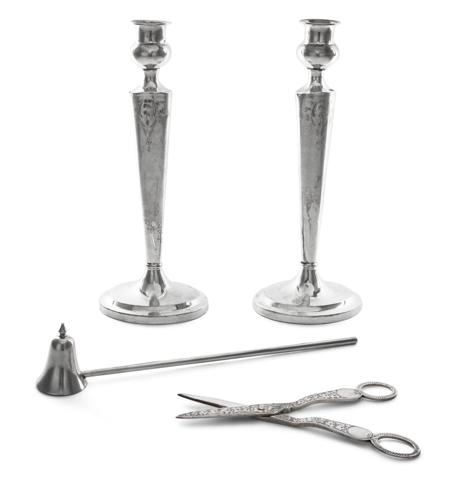 A Pair of American Silver Candlesticks, 20th Century, of oval baluster form, weighted; together with an American silver candle snuff an